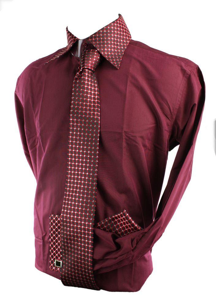 Mens Button Shirt Tie Cuff Link & Hankie Black Silver Shiny Trim Design - Knighthood Store