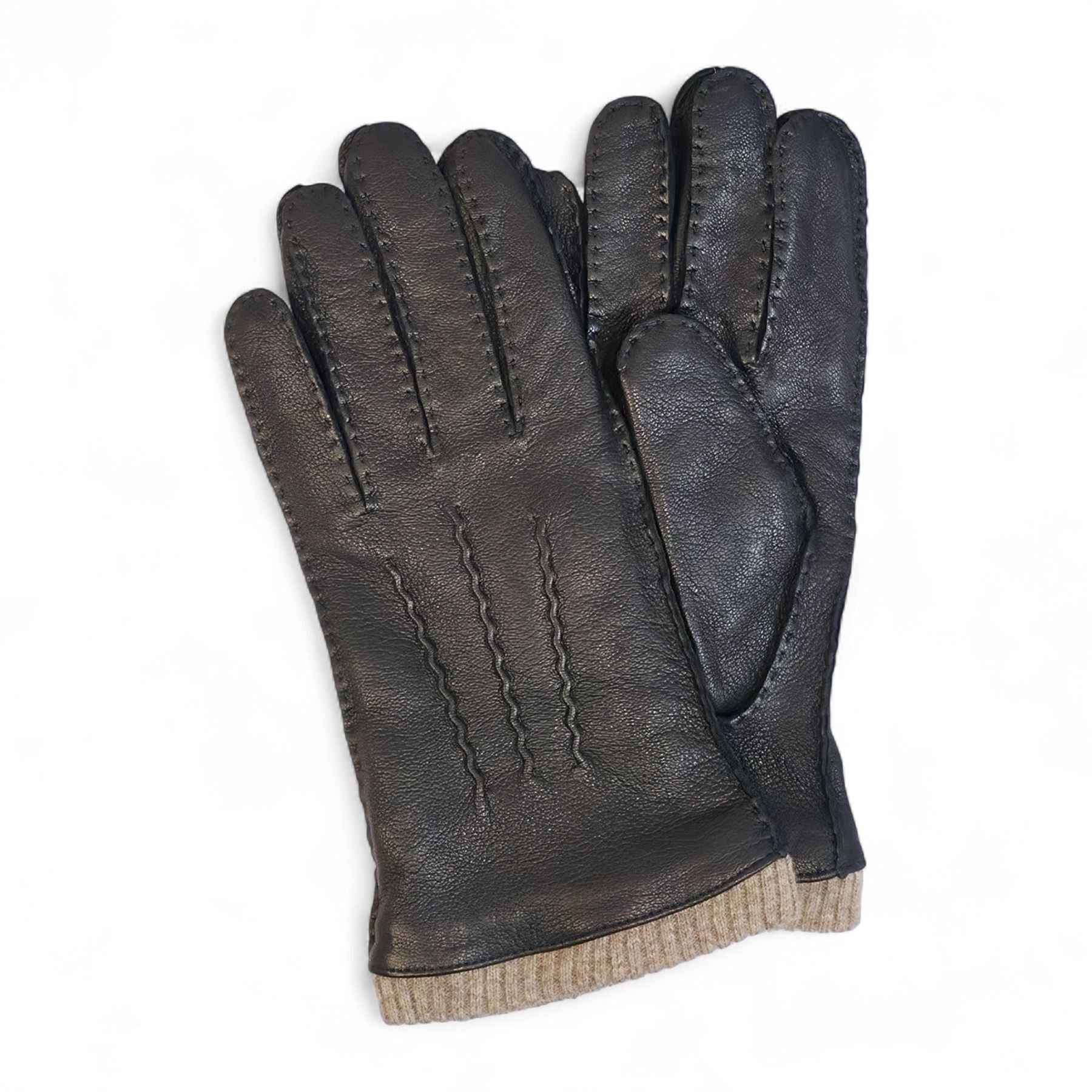 Men’s Genuine Leather Wool Lined Ribbed Knit Cuff Gloves