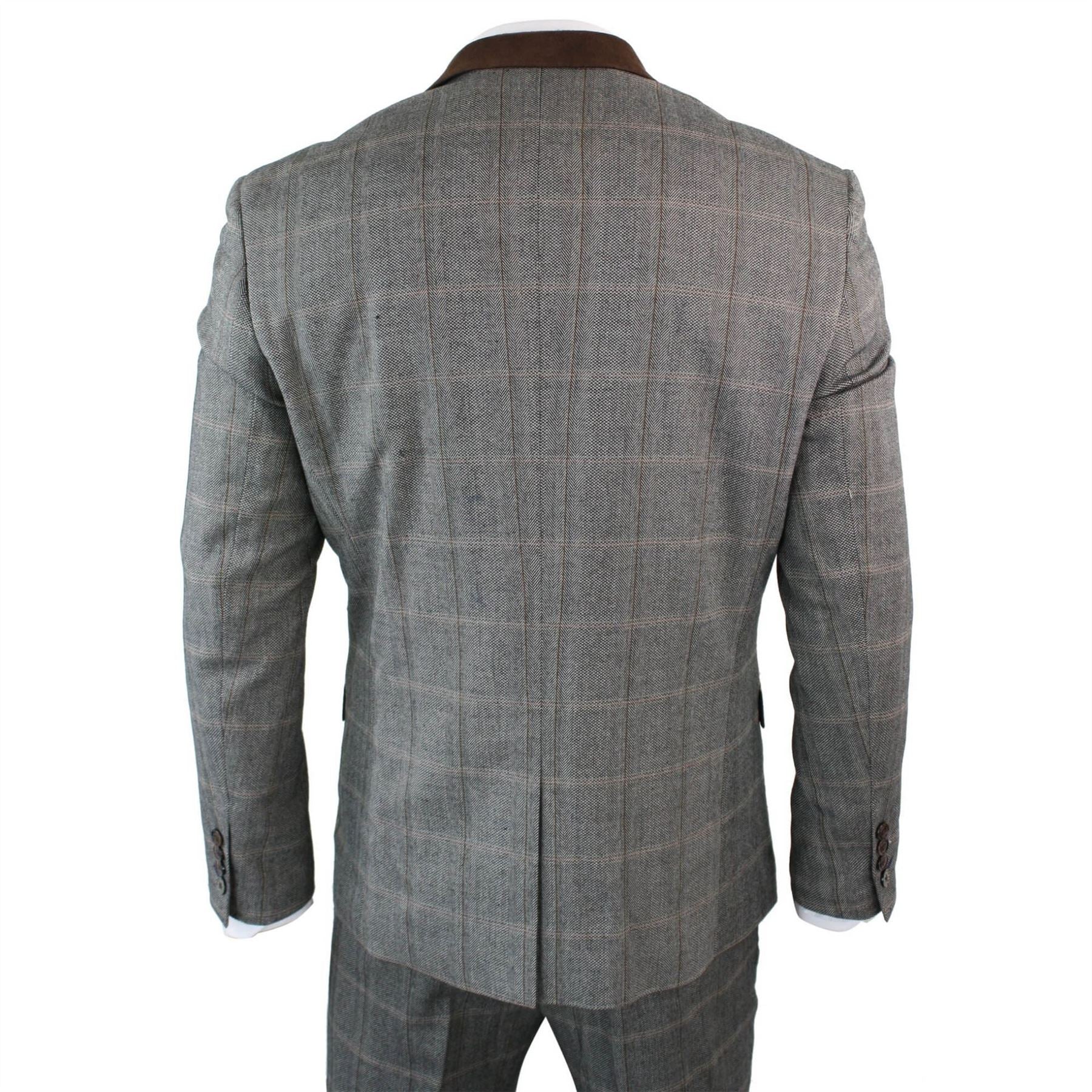 Mens Check Tweed Wool 3 Piece Tan Brown Beige Suit Vintage Retro Tailored Fit