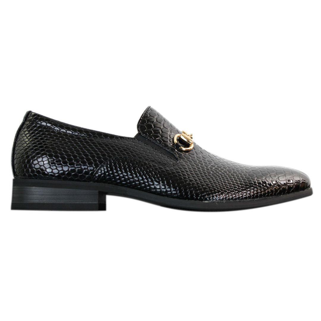 Mens Black Patent Shiny Slip On PU Snake Crocodile Leather Shoes Gold Buckle - Knighthood Store