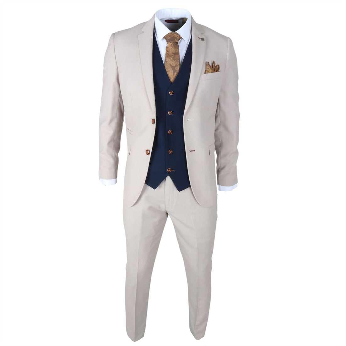 Men's Suit Cream Navy 3 Piece Classic Birdseye Wedding Grooms