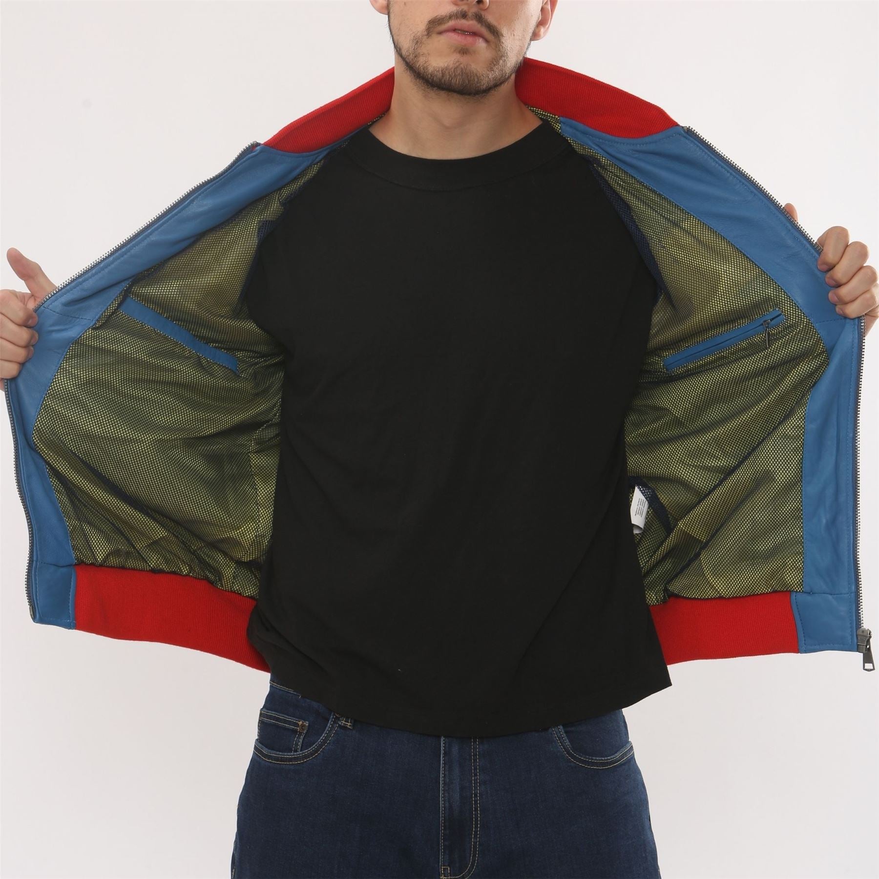 Men's Blue Leather Motorcycle Jacket Biker Bomber