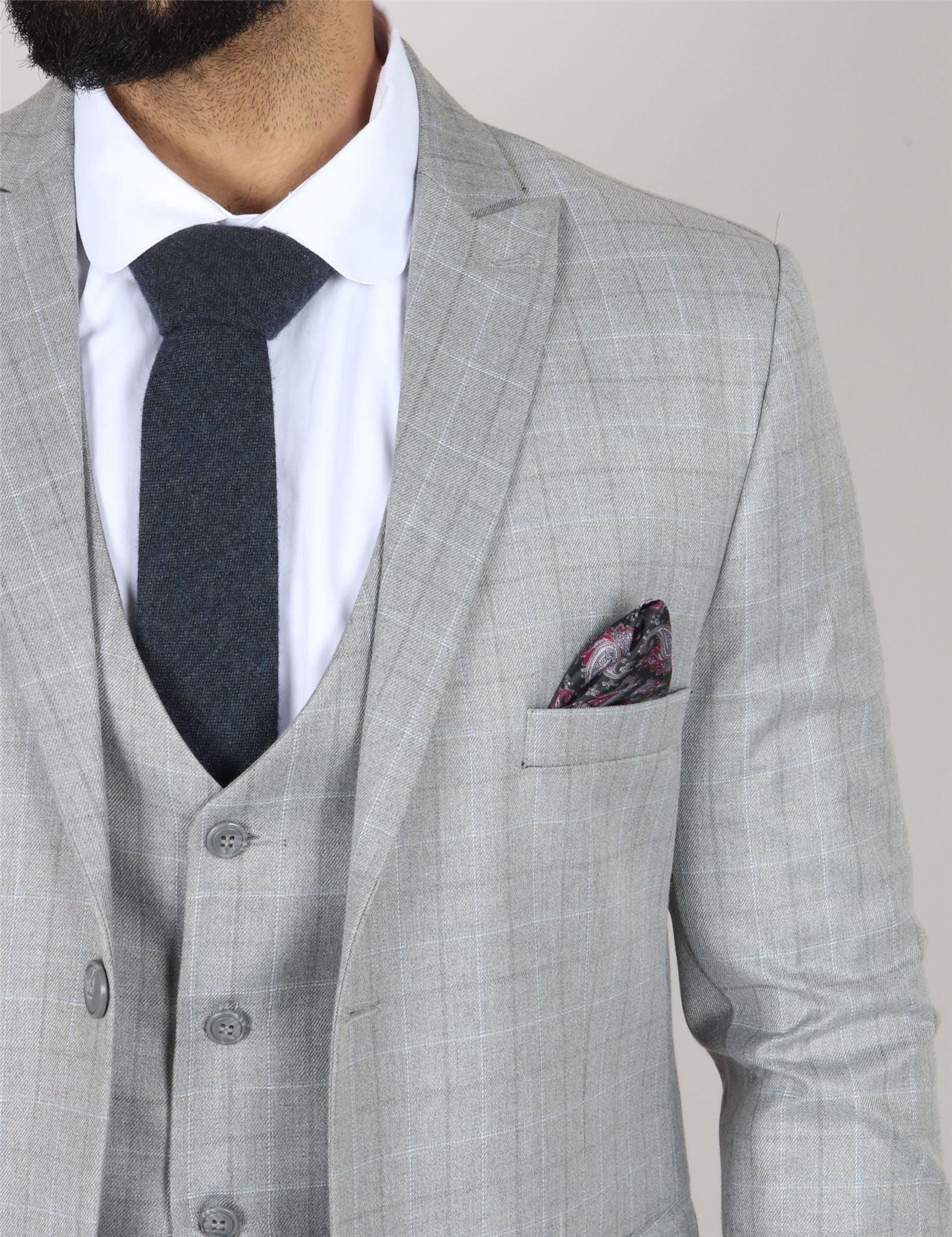 Men's Light Grey Suit Prince Of Wales Check Tailored Fit 3 Piece Formal Dress - Knighthood Store