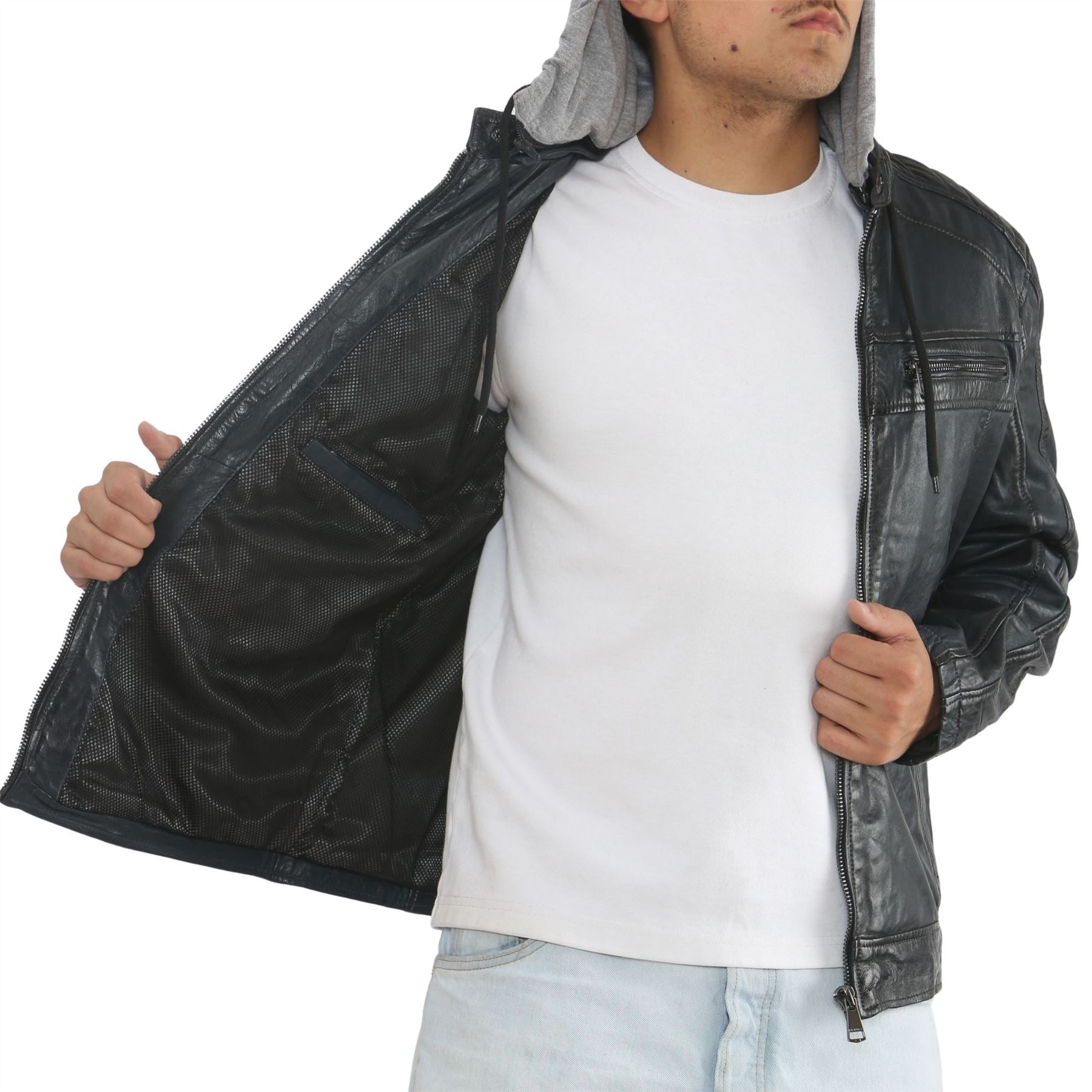 Men's Hooded Biker Lamb Leather Jacket