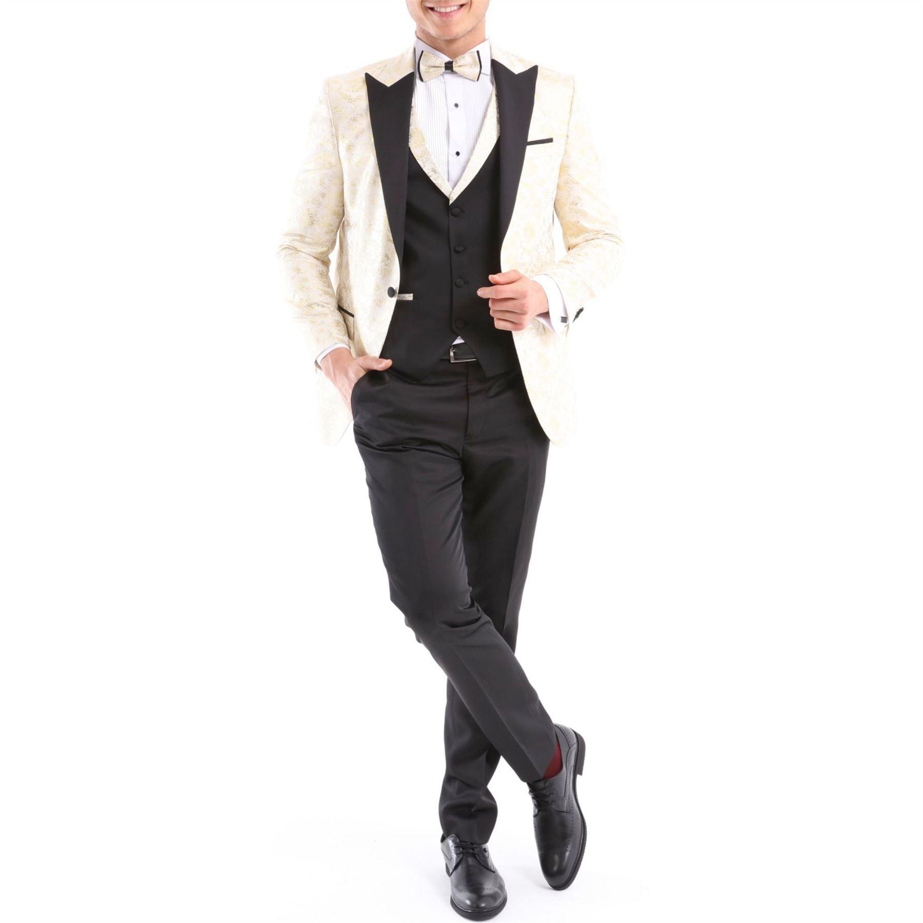 Mens 3 Piece Cream Black Ivory Suit Bow Tie Tuxedo Ceremony Wedding Grooms Prom - Knighthood Store