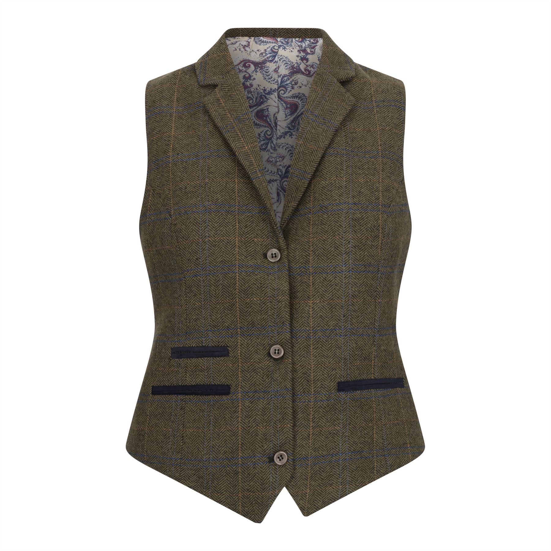 Women's Olive Green Wool Blend Tweed Herringbone Checkered Blazer Waistcoat