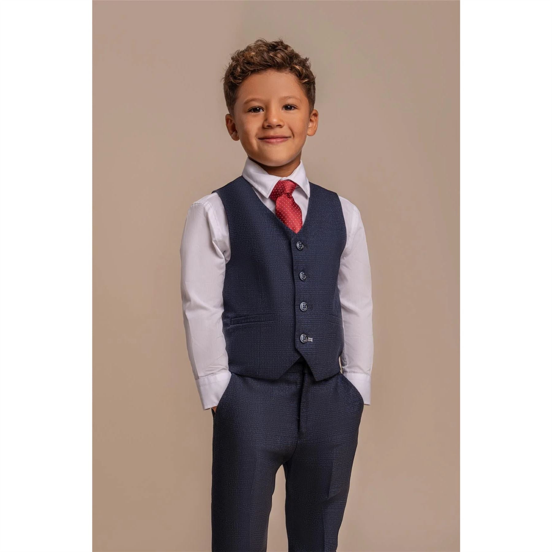Boys 3 Piece Navy Check Suit Tweed Tailored Fit Wedding
