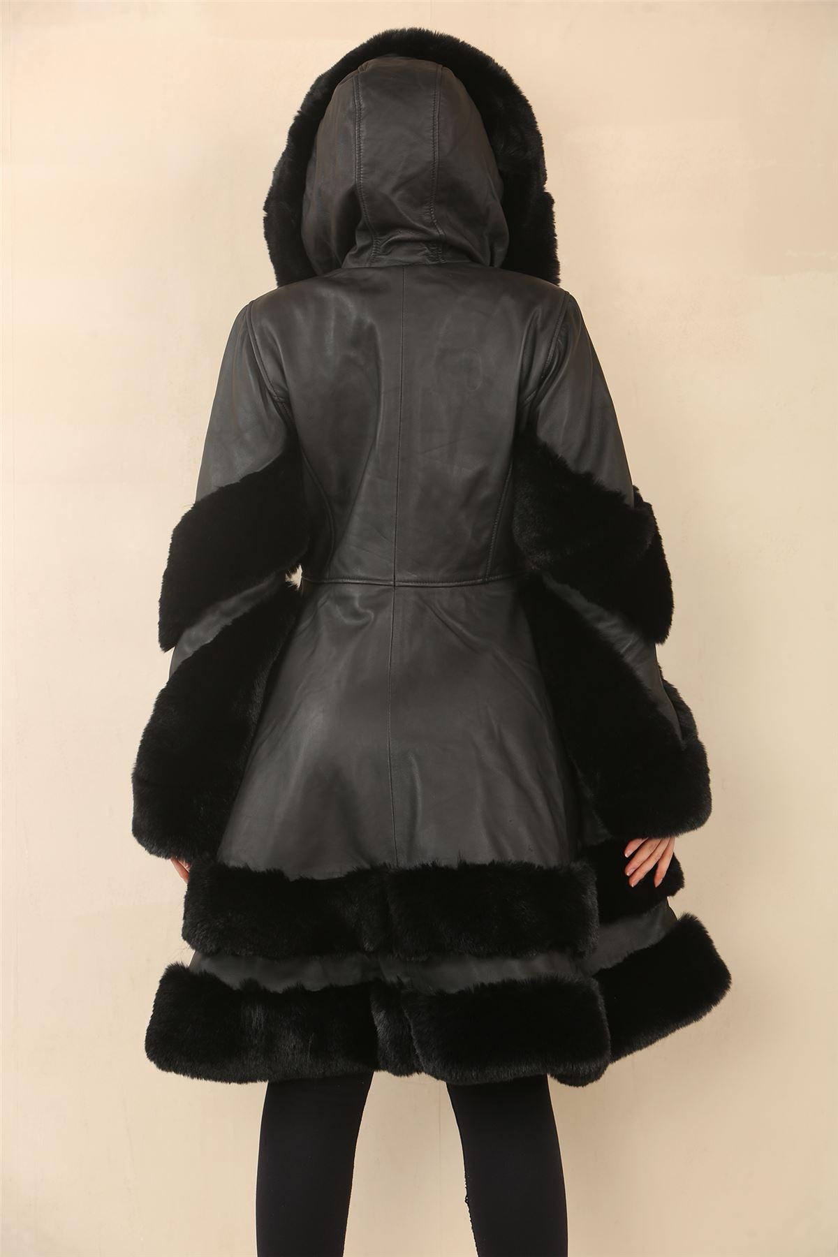 Women's Black Flared Hooded Leather Cape Coat