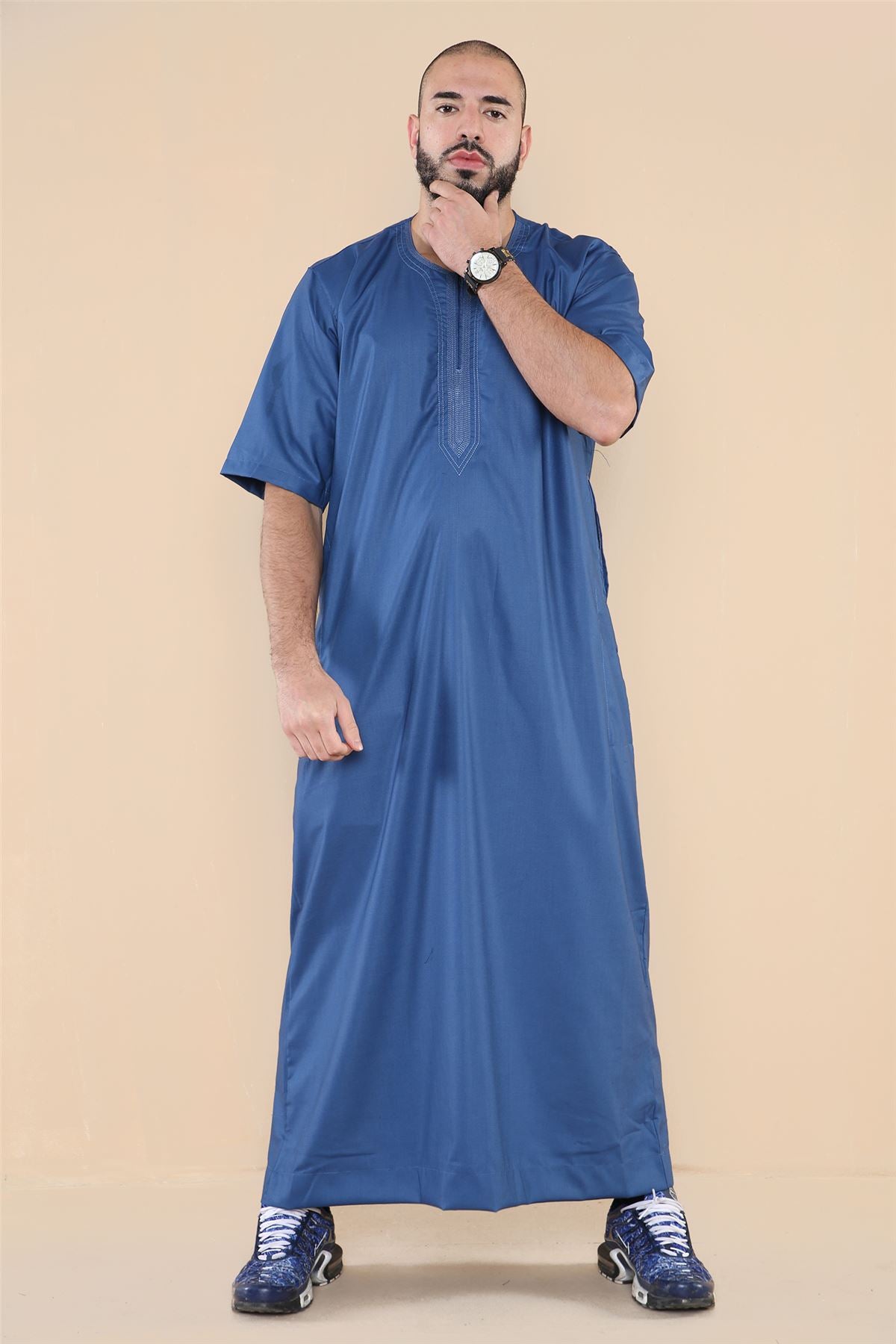 Mens Thobe Jubba Islamic Clothing Kaftan Half Sleeve Robe Moroccan Arab Zipped