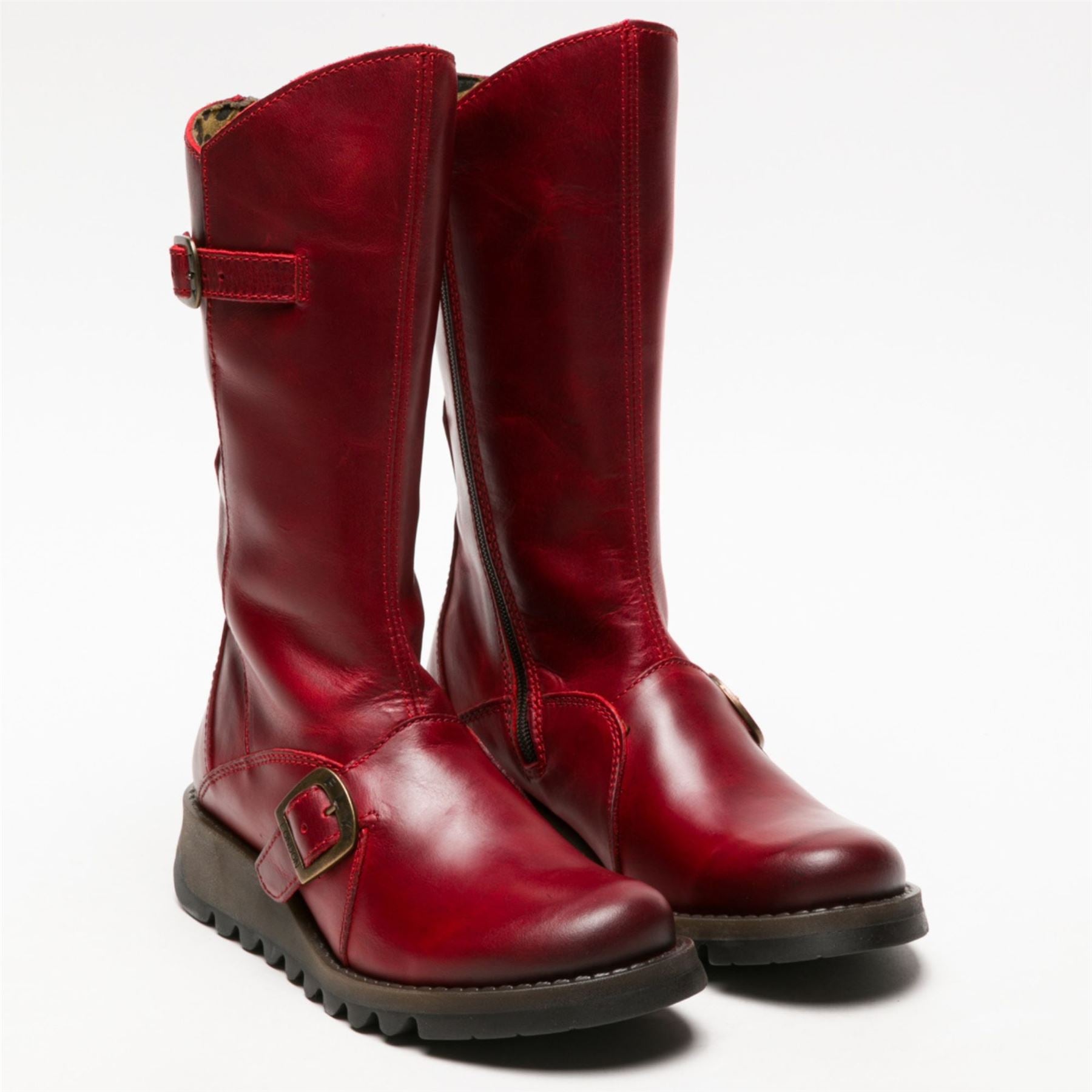 MES2913 - Women's Wedge Heel Buckle Mid Calf Leather Boots