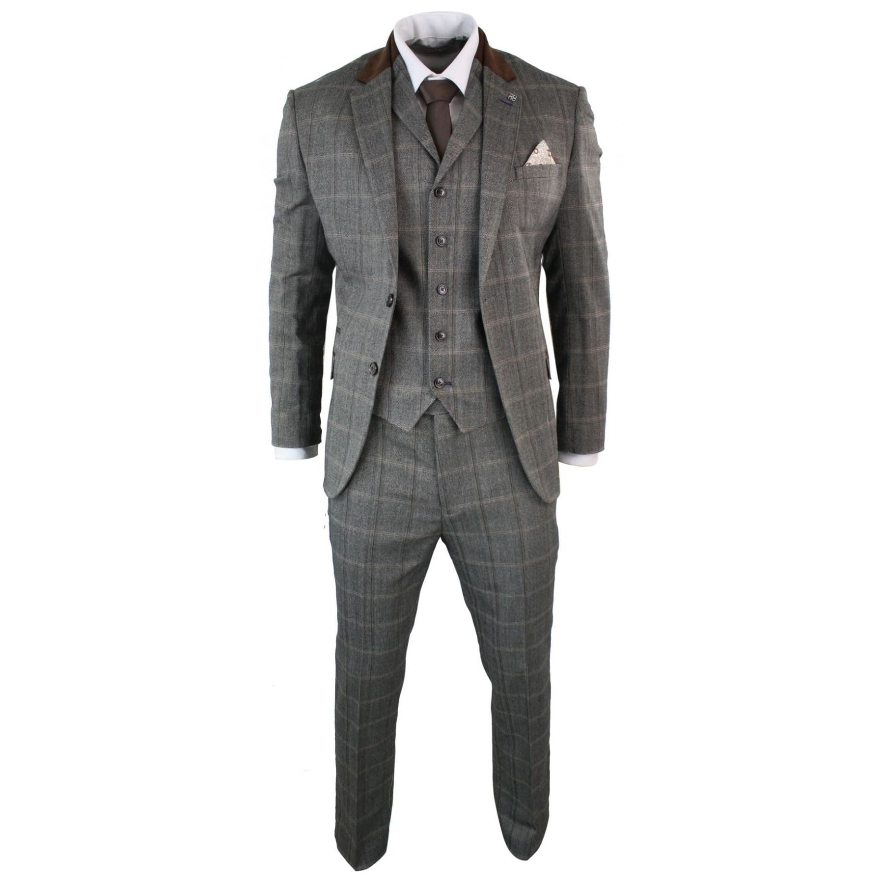 Mens Check Tweed Wool 3 Piece Tan Brown Beige Suit Vintage Retro Tailored Fit