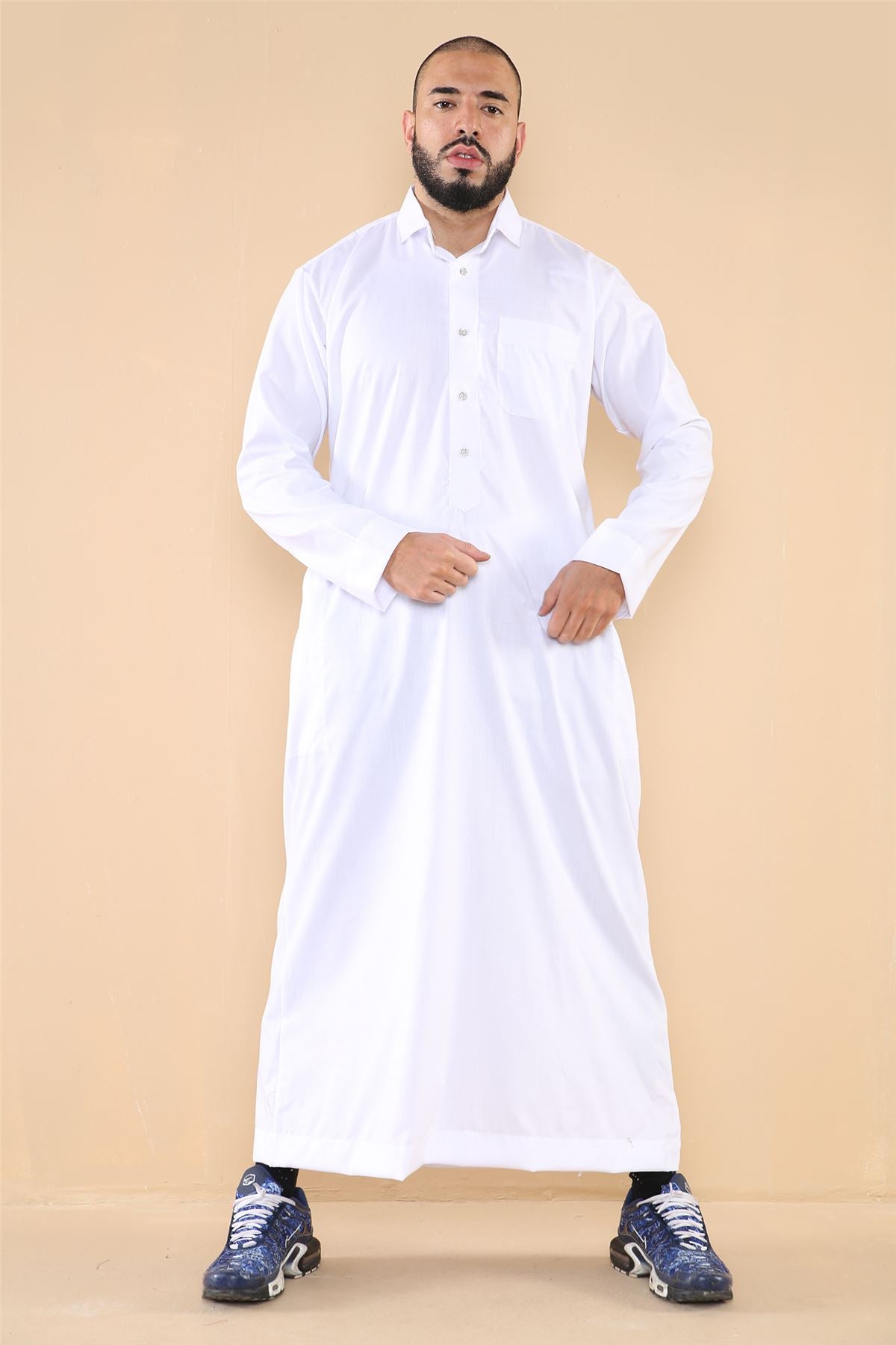 Mens Thobe Jubba Turn Down Collar Islamic Muslim Cotton Kaftan Dress Robe Arabic