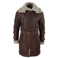 Mens Real 3/4 Shearling Sheepskin Jacket Brown Beige Long Belt Flying Cockpit - Knighthood Store