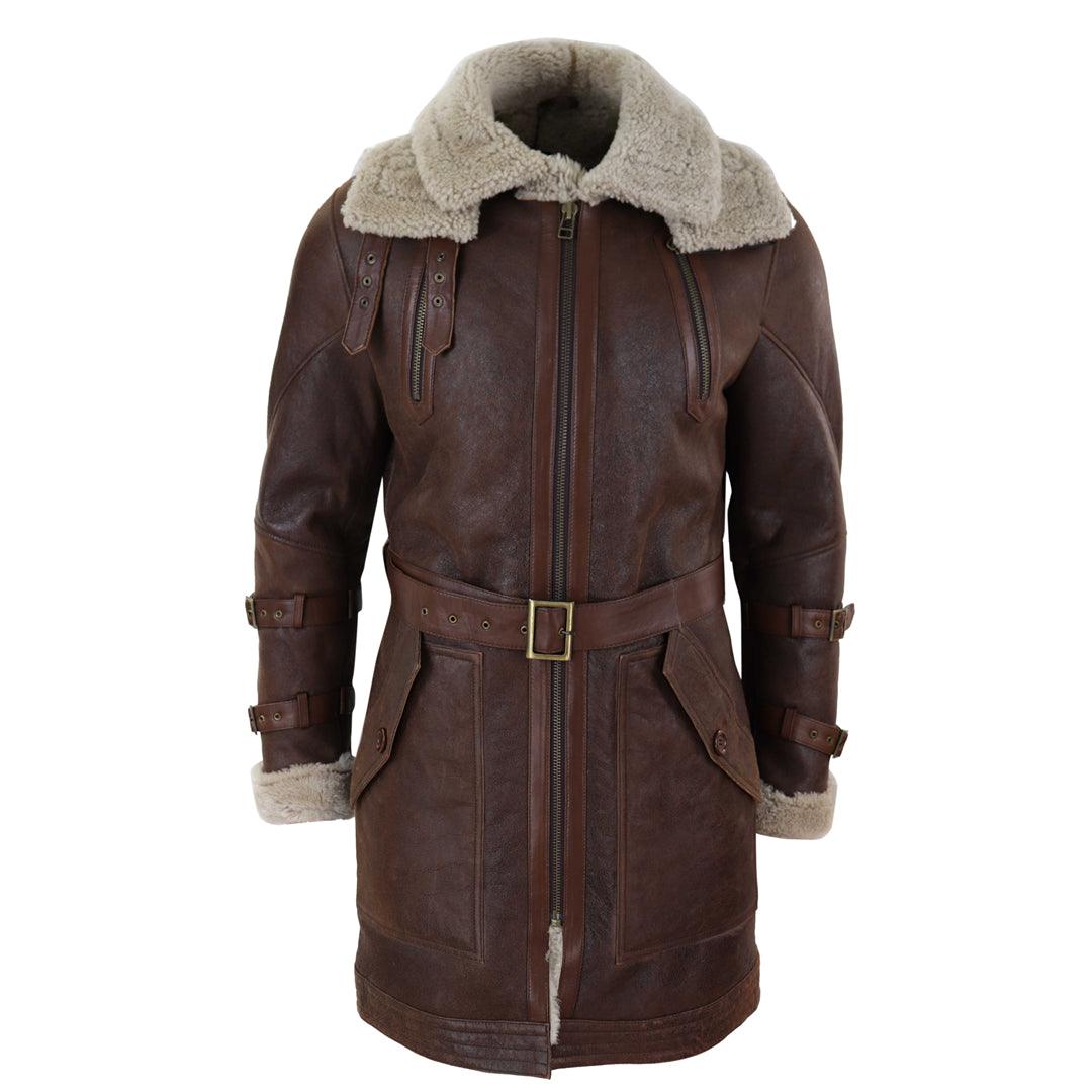 Mens Real 3/4 Shearling Sheepskin Jacket Brown Beige Long Belt Flying Cockpit - Knighthood Store