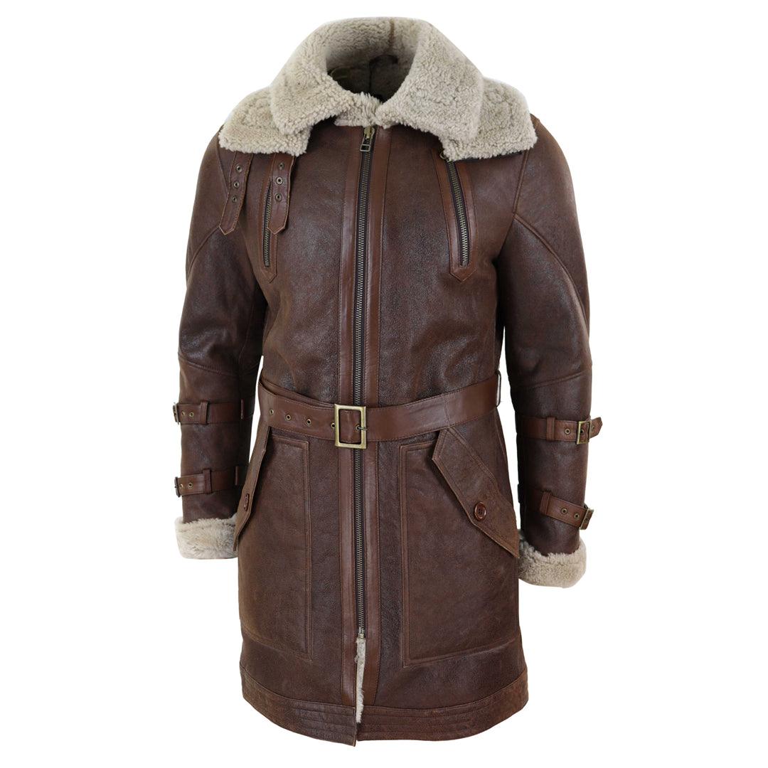 Mens Real 3/4 Shearling Sheepskin Jacket Brown Beige Long Belt Flying Cockpit - Knighthood Store