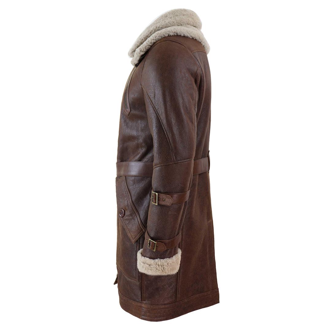 Mens Real 3/4 Shearling Sheepskin Jacket Brown Beige Long Belt Flying Cockpit - Knighthood Store