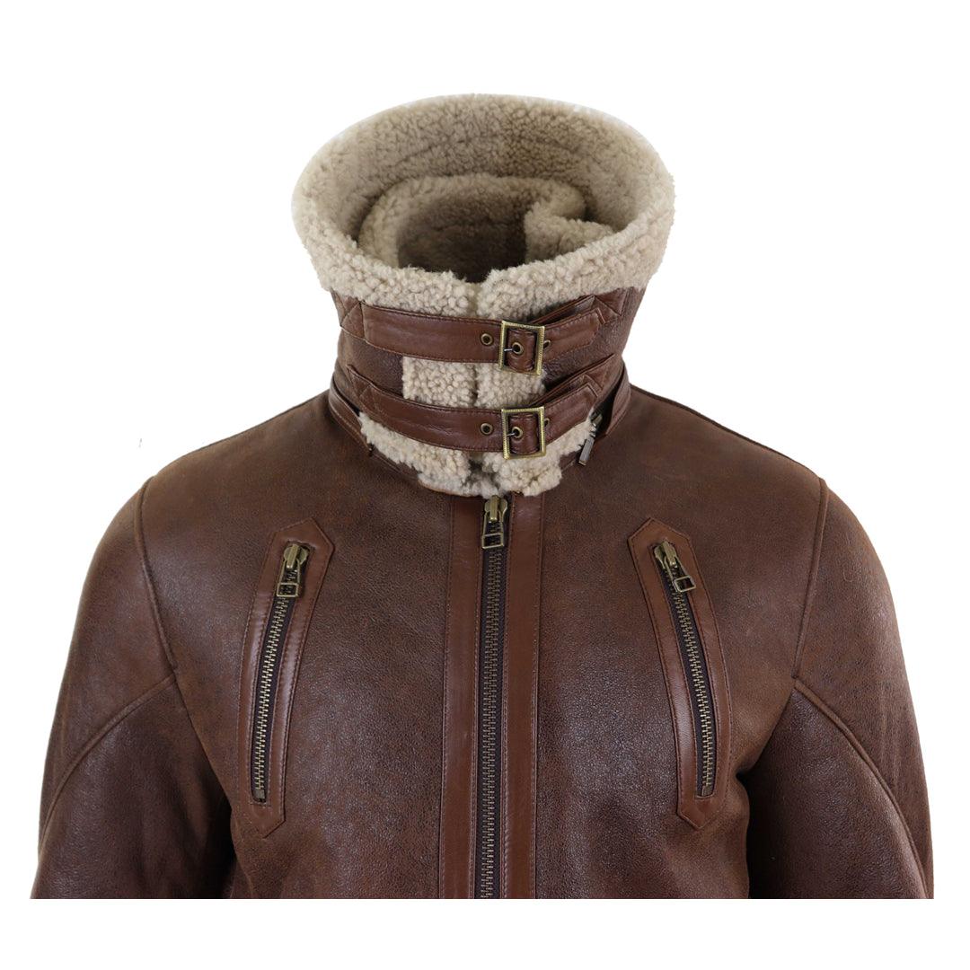 Mens Real 3/4 Shearling Sheepskin Jacket Brown Beige Long Belt Flying Cockpit - Knighthood Store