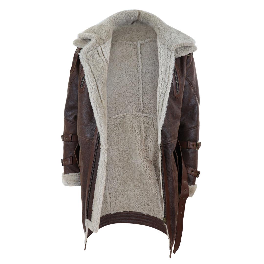 Mens Real 3/4 Shearling Sheepskin Jacket Brown Beige Long Belt Flying Cockpit - Knighthood Store