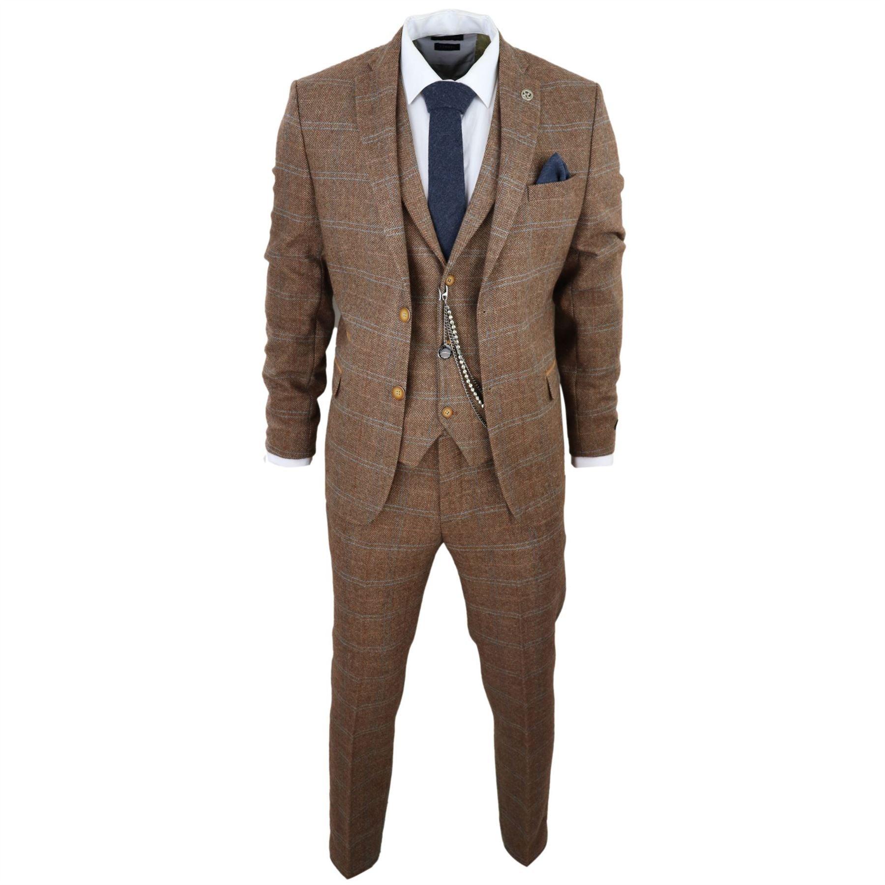 Men's 3 Piece Suit Wool Tweed Herringbone Tan Brown Blue Check 1920s Gatsby Formal Dress Suits - Knighthood Store