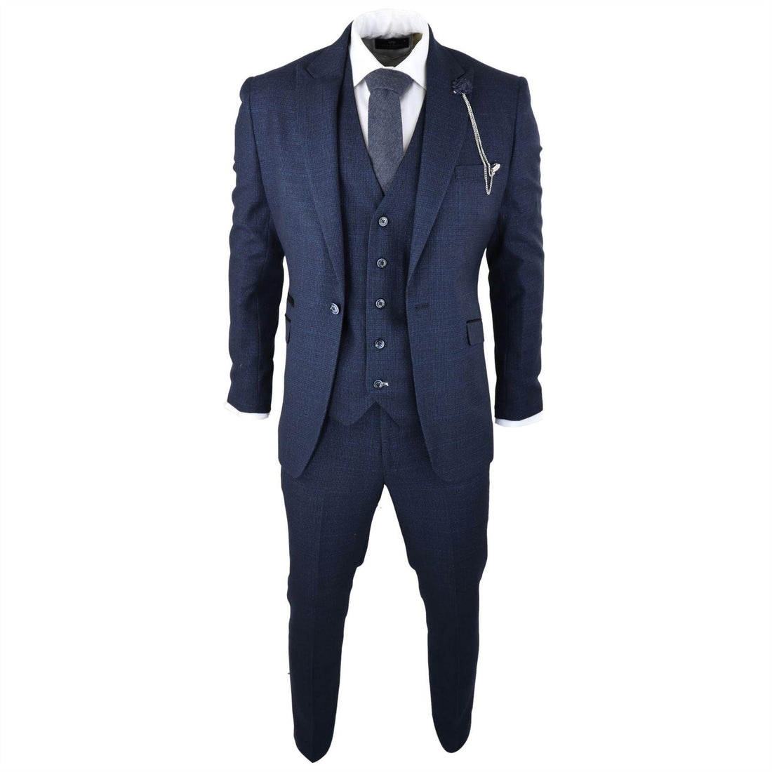Mens Herringbone Tweed Navy Blue Check 3 Piece Vintage Suit Tan - Knighthood Store