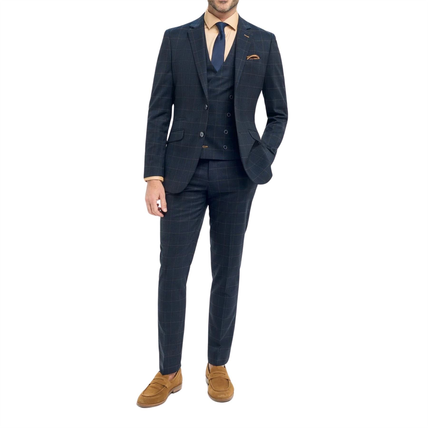 Men's Suit 3 Piece Tailored Fit Navy Check Formal Dress
