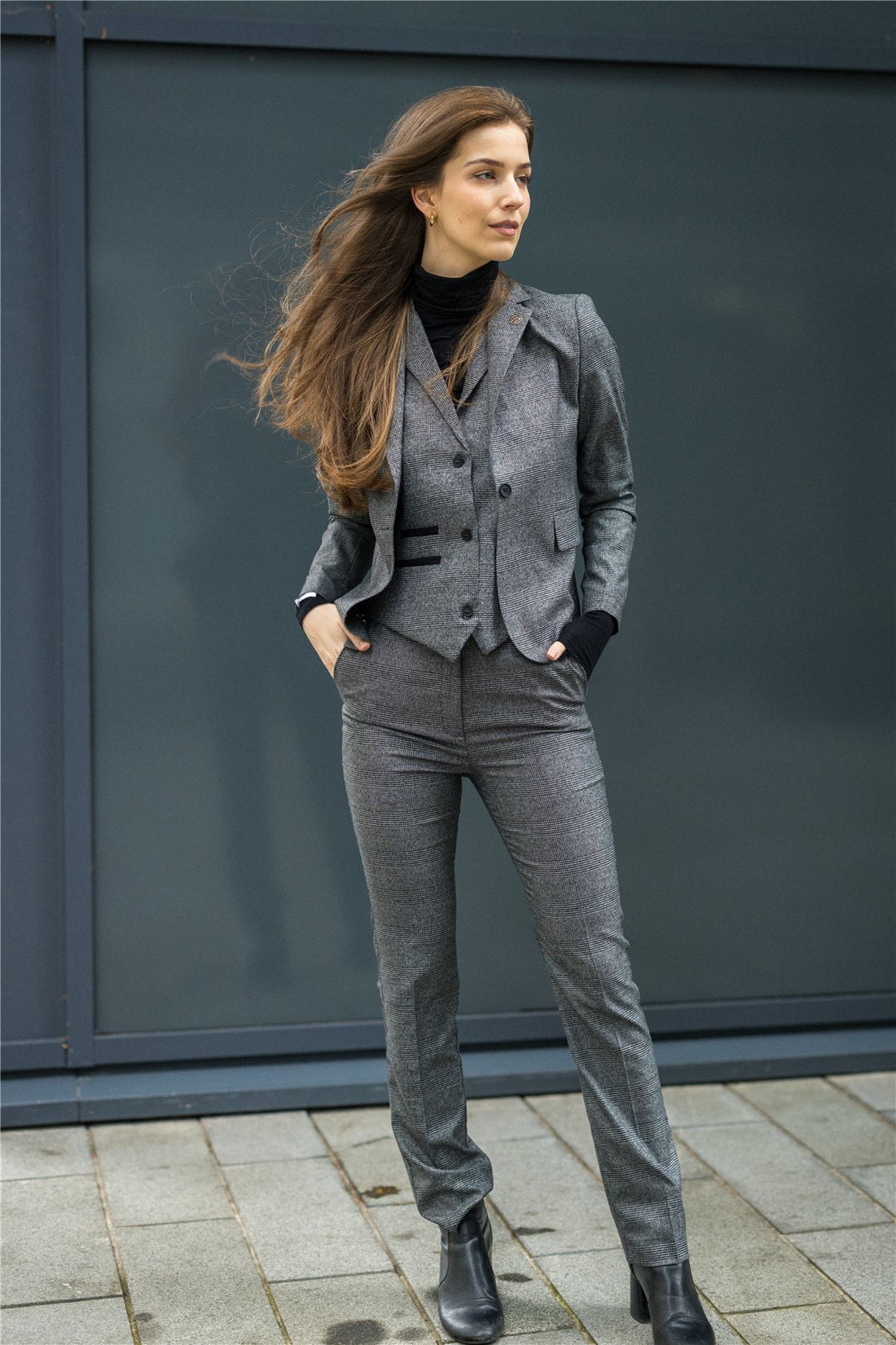 Women's Suit 3 Piece Grey Prince Of Wales Check Tailored Fit Business Formal Ladies Dress