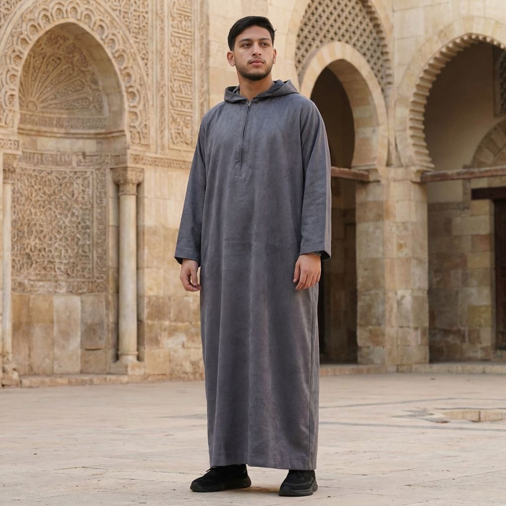 HM12 - Men's Hooded Suede Thobe Emirati Omani Zipped Thobe