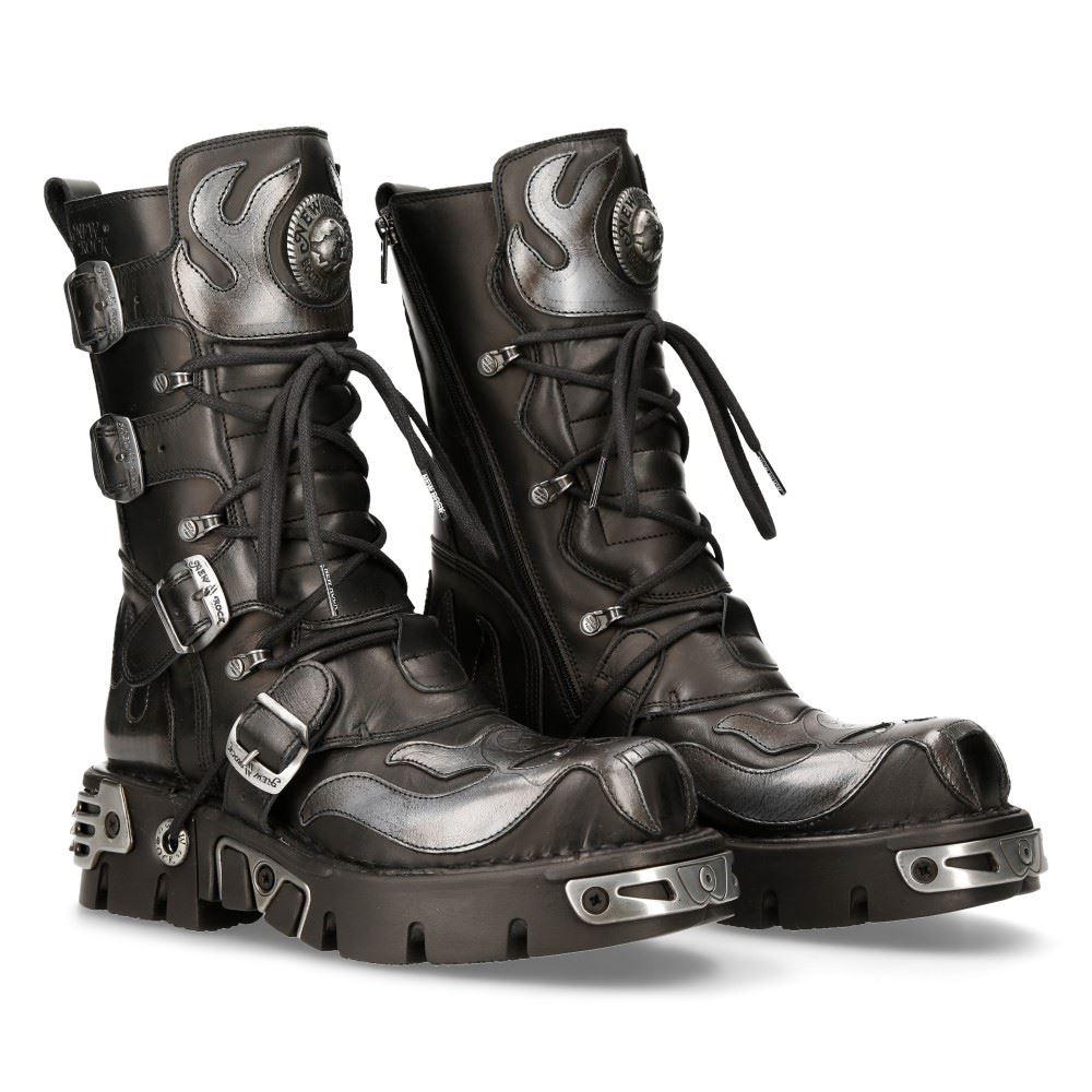 New Rock 107-S2 Black/Silver Gothic Leather Flame Boots - Knighthood Store