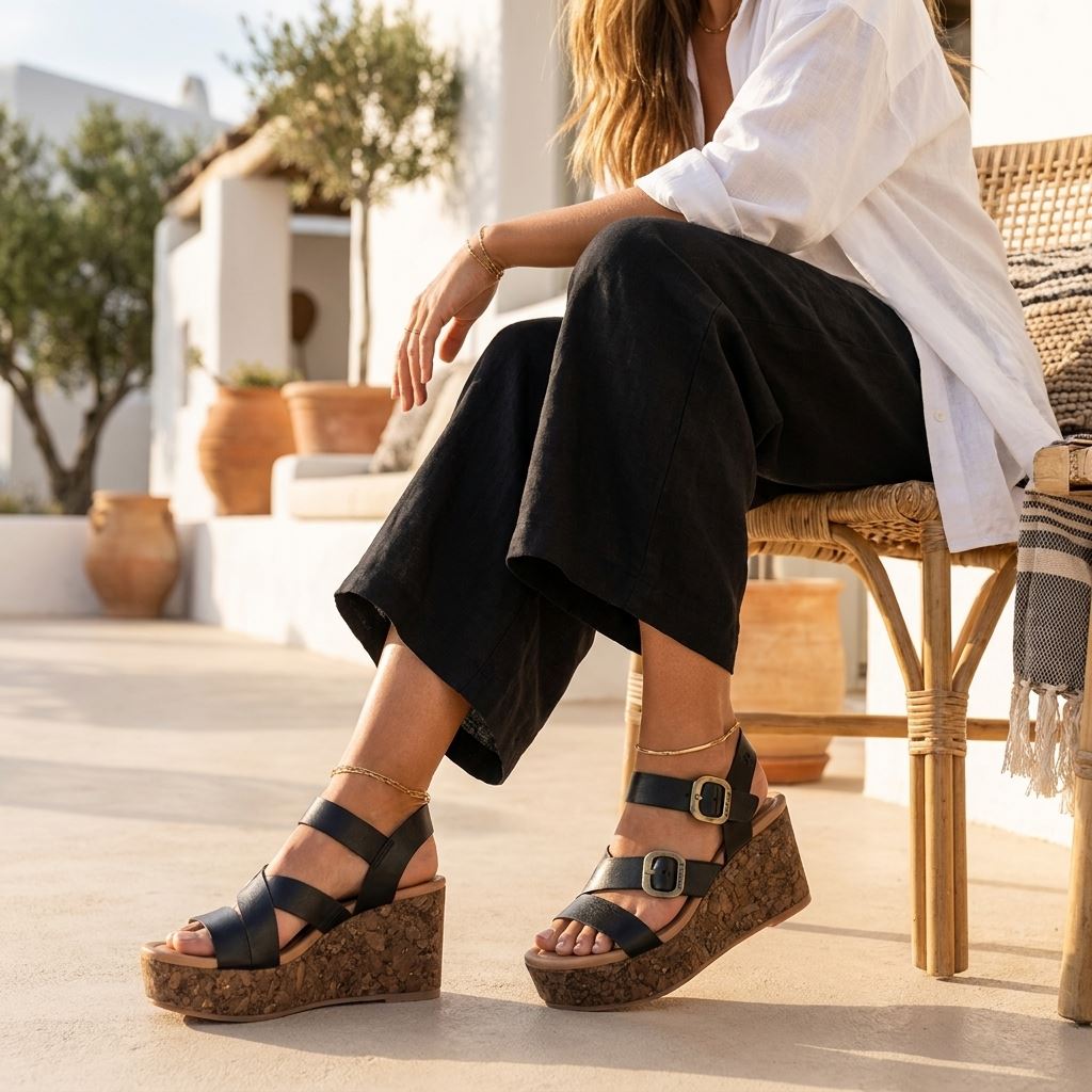 Ali - Women's Black Wedge Strappy Espadrille Heel Sandals