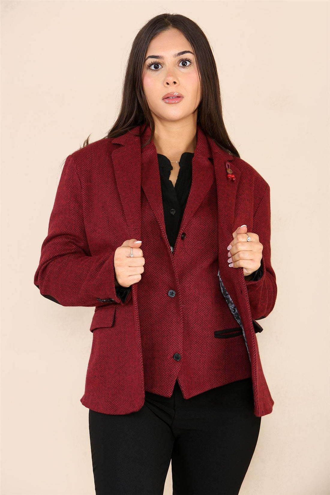 Womens Tweed Herringbone Waistcoat Blazer Jacket Wine Red Classic Vintage 1920s - Knighthood Store