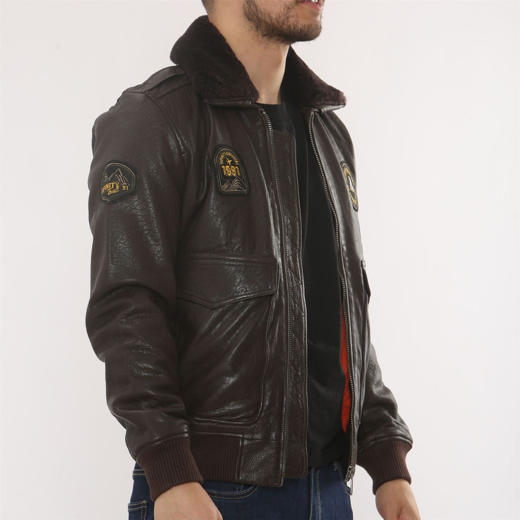Men's Leather Bomber Jacket Fur Collar Aviator Coat