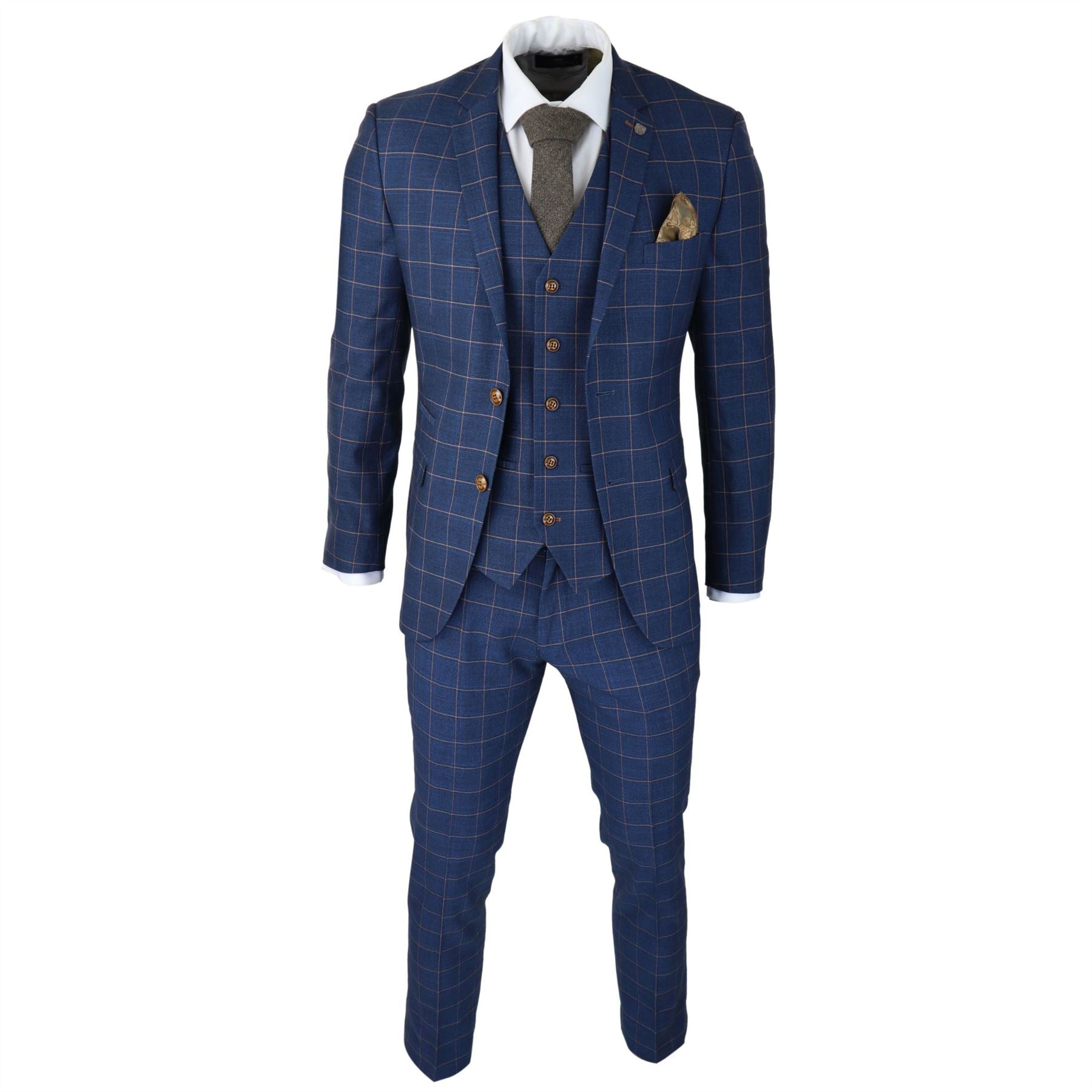 Mens 3 Piece Blue Orange Check Suit Retro Smart Tailored Fit Vintage