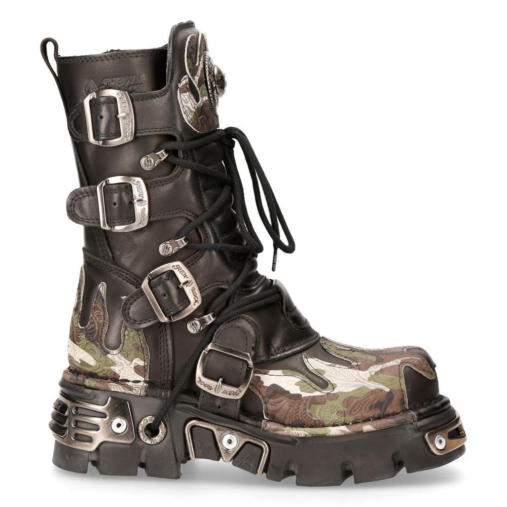 New Rock New Rock 591 S15 Camouflage Flame Metallic Black Leather Biker Goth Boot - Knighthood Store