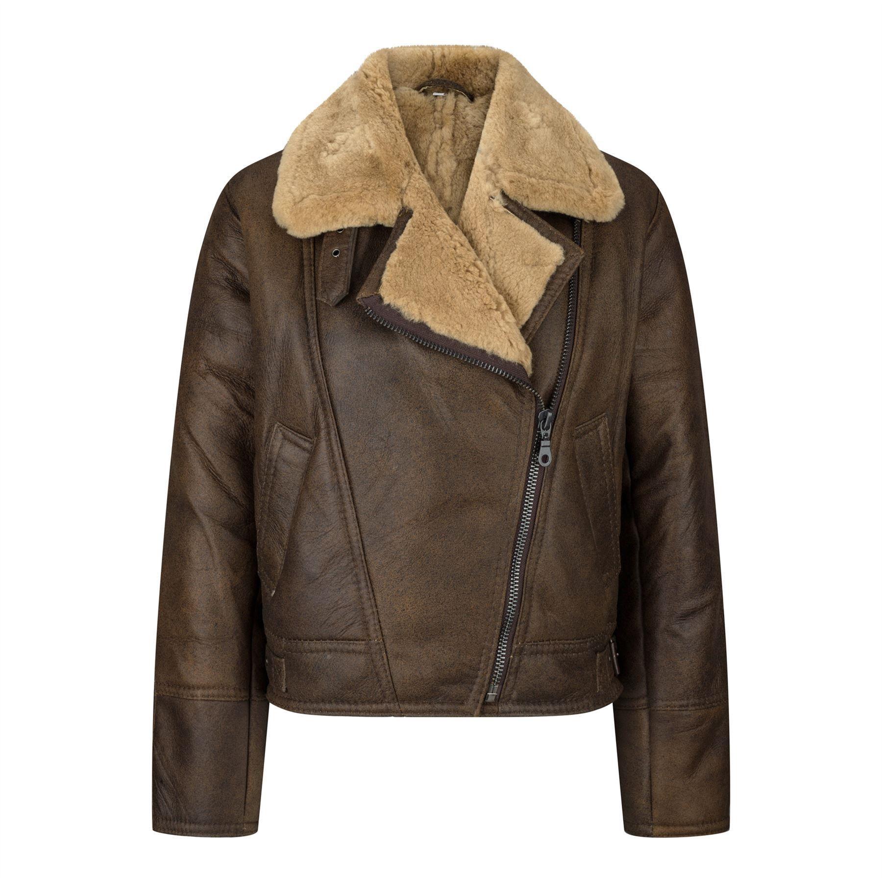 Ladies Winter 100% Real Sheepskin Leather Camel Brown Ginger Aviator Jacket - Knighthood Store