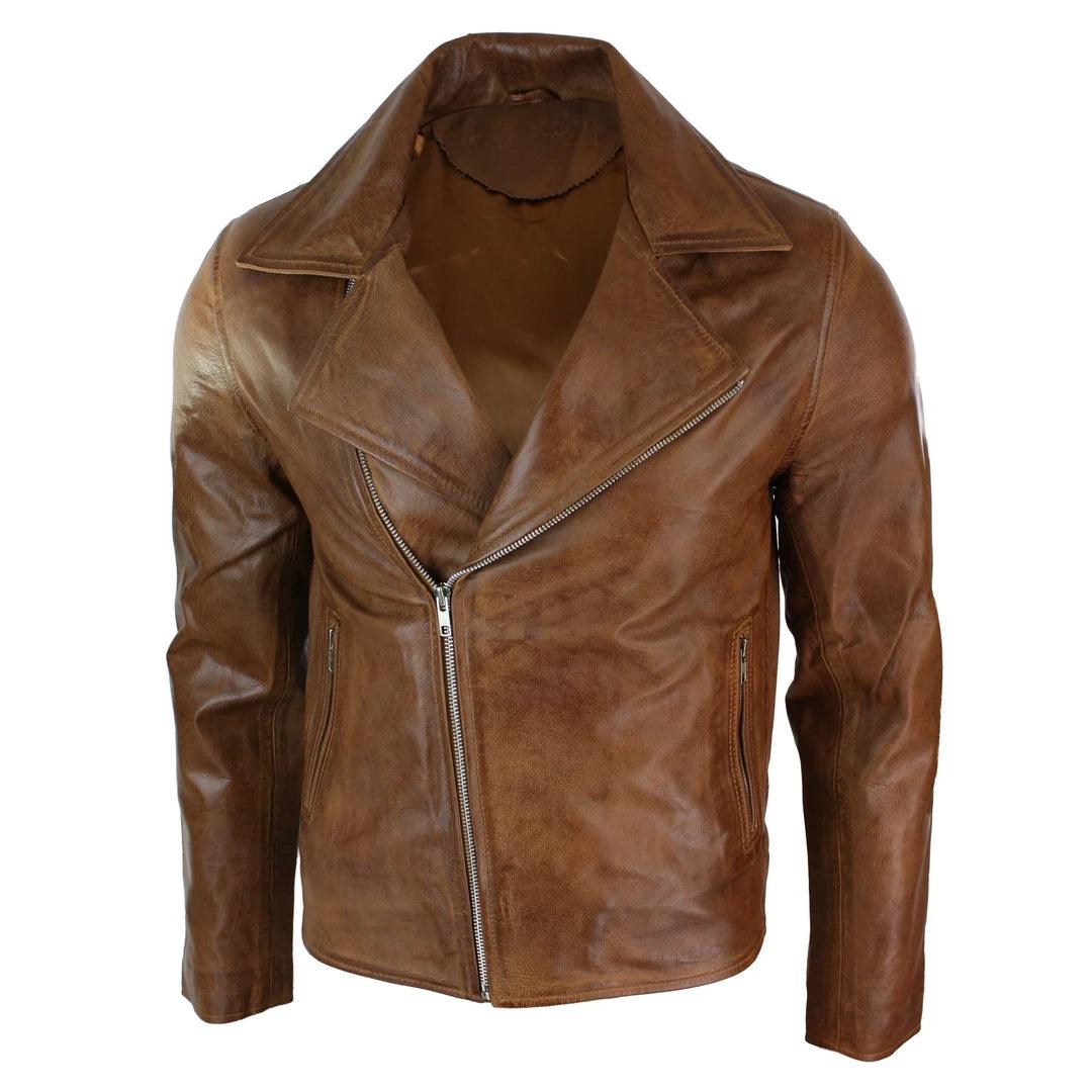 Mens Slim Fit Tan Brown Maroon Classic Cross Zip Brando Leather Biker Jacket - Knighthood Store