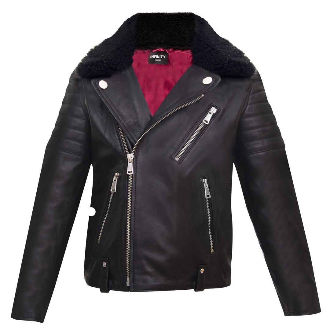 Boys Kids Real leather Biker Style Jacket Brando Cross Zip Black Fur Collar - Knighthood Store