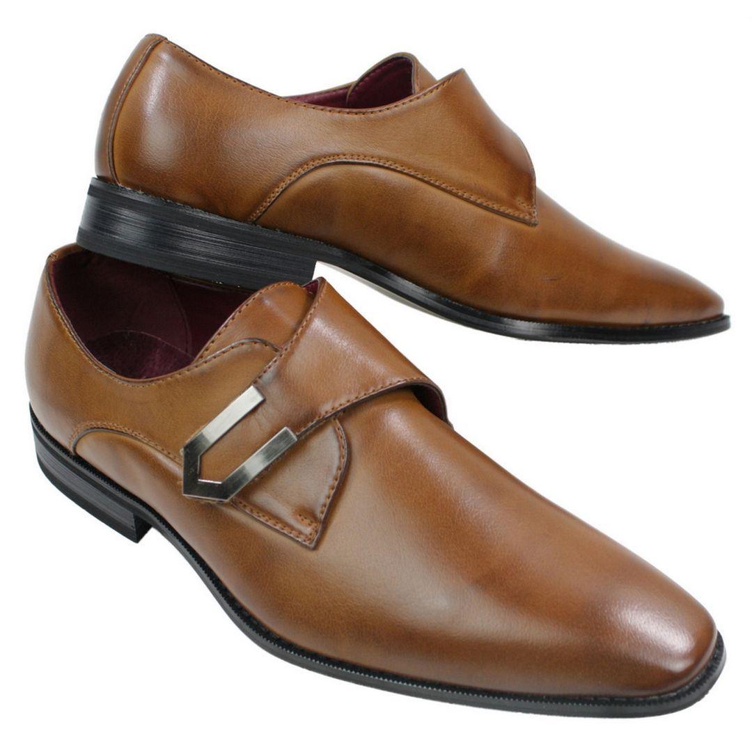 Mens Tan Brown Black Leather Shoes Italian Design Metal Buckle Slip On Smart - Knighthood Store