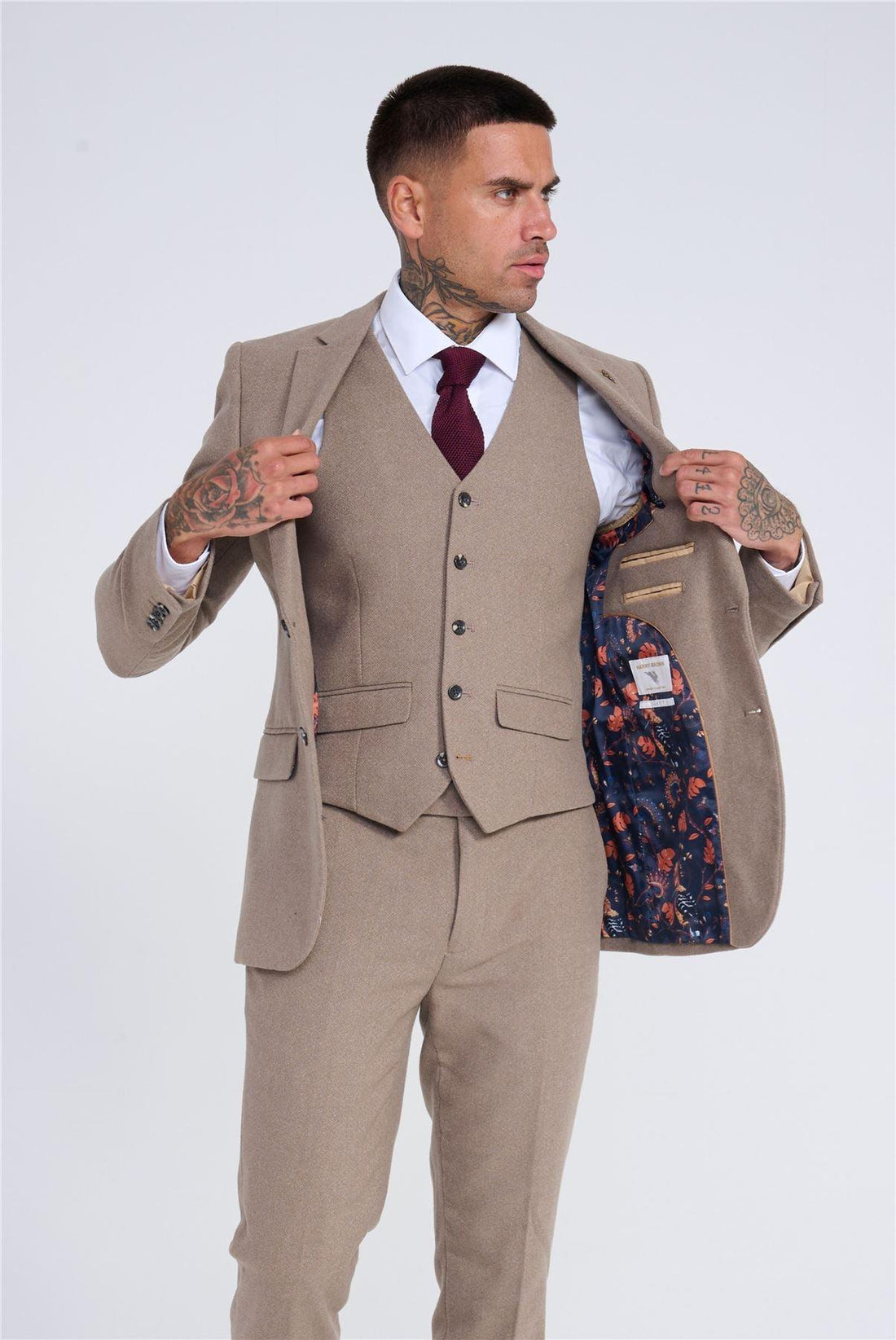 Men's Beige 3 Piece Suit Tweed Wool Herringbone Formal Business Dress Suits - Knighthood Store