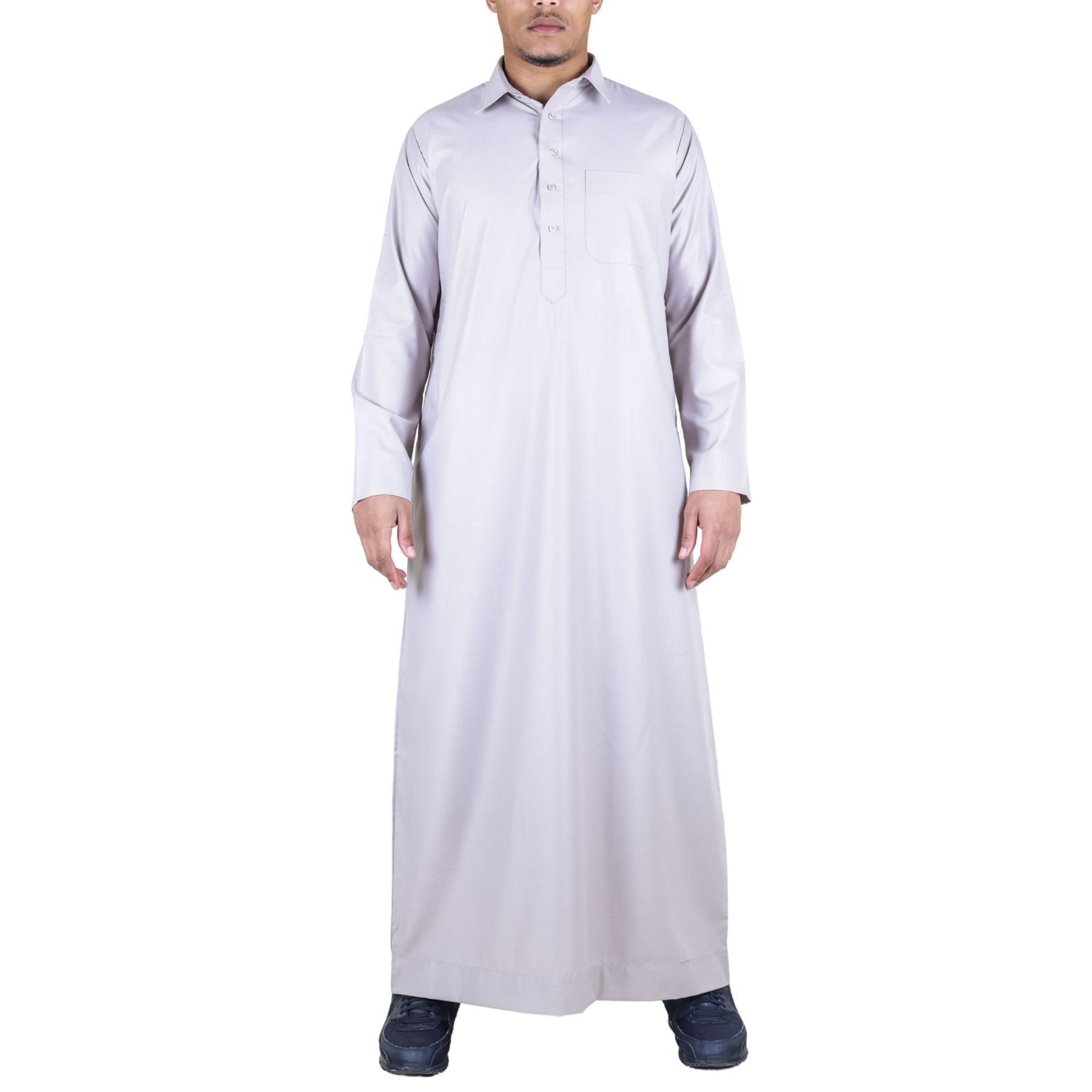 Mens Thobe Jubba Turn Down Collar Islamic Muslim Cotton Kaftan Dress Robe Arabic
