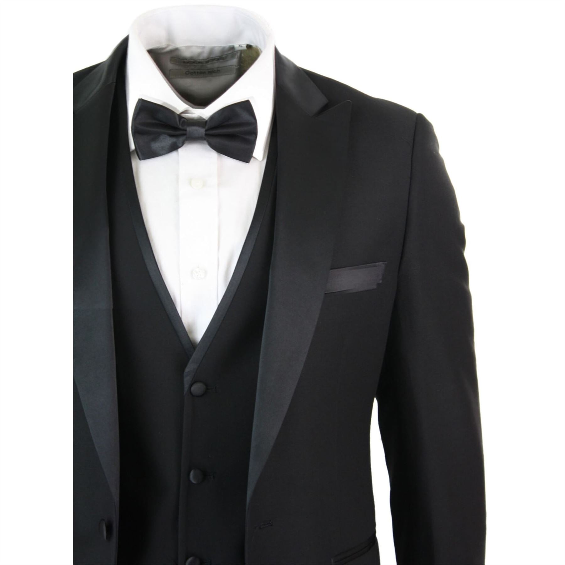 Mens 3 Piece Black Classic Satin Tuxedo Dinner Suit Tailored Fit Wedding Prom