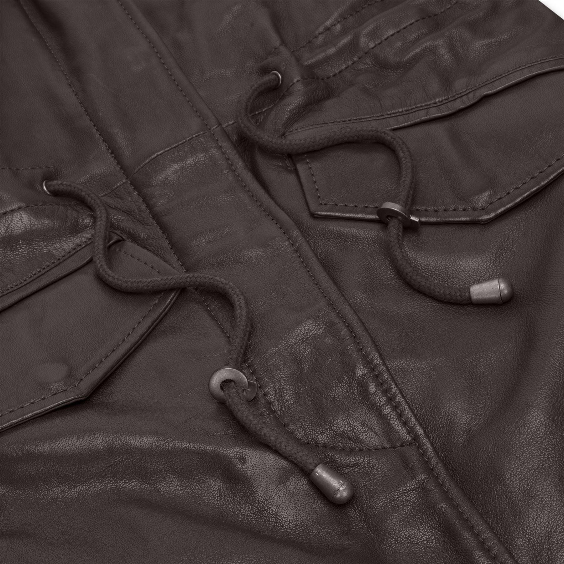 Womens Real Leather Peacoat Hooded Parka Jacket Navy Blue Brown Tailored Fit 3/4 Long - Knighthood Store