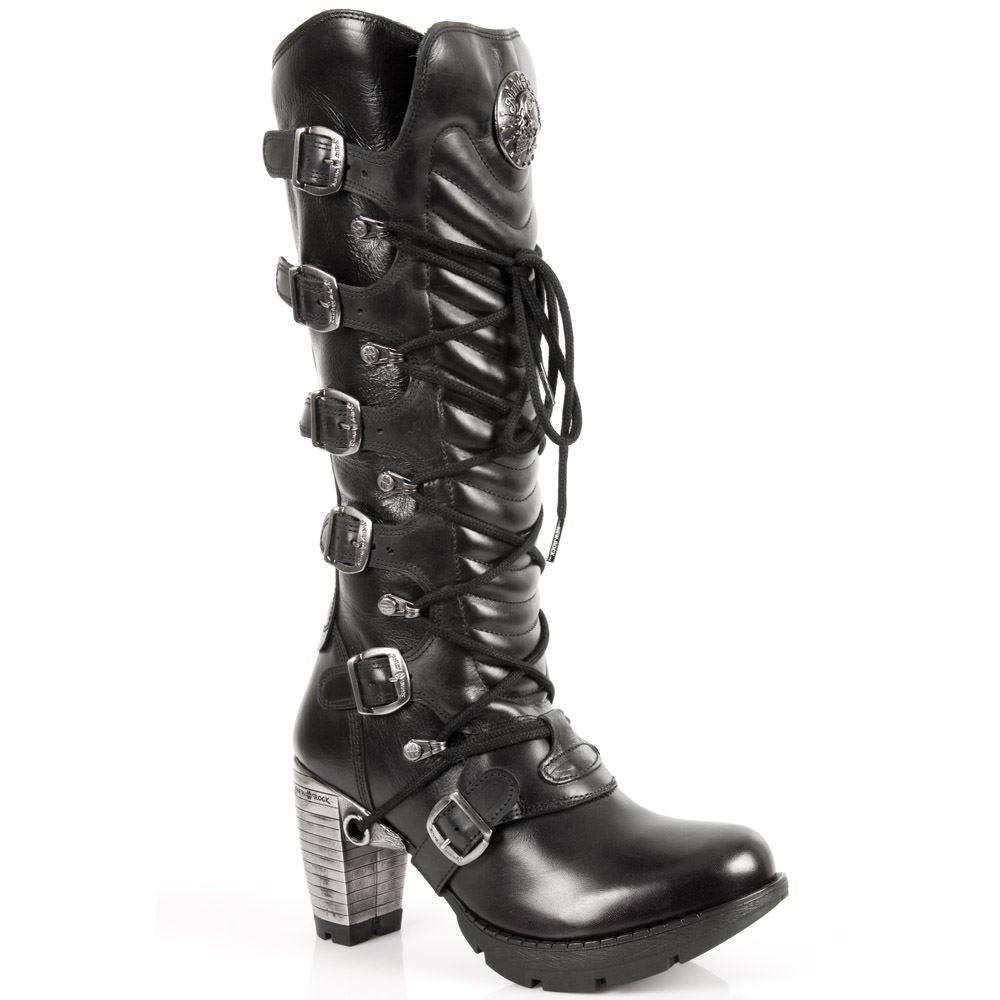 New Rock TR004-S1 Ladies Black 100% Leather Buckle Lace Knee High Biker Boots - Knighthood Store