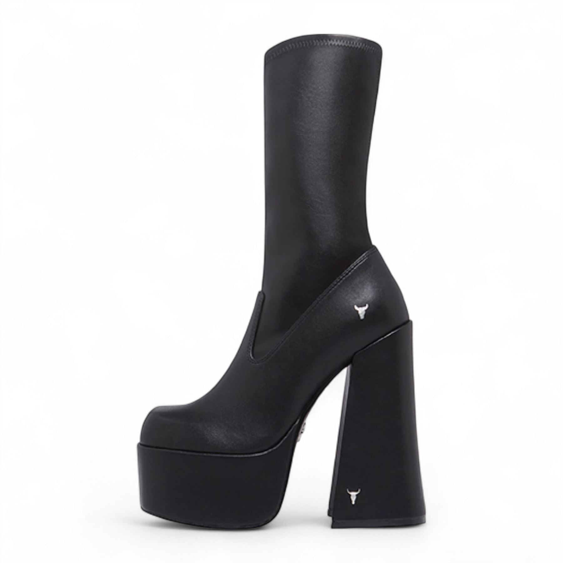 Saviour - Women's Black Mid-Calf Platform Goth Heel Boots