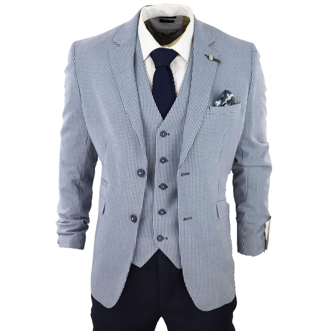 Mens 3 Piece Suit Grey Navy Contrasting Classic Summer Tailored Fit Regular Check - Knighthood Store