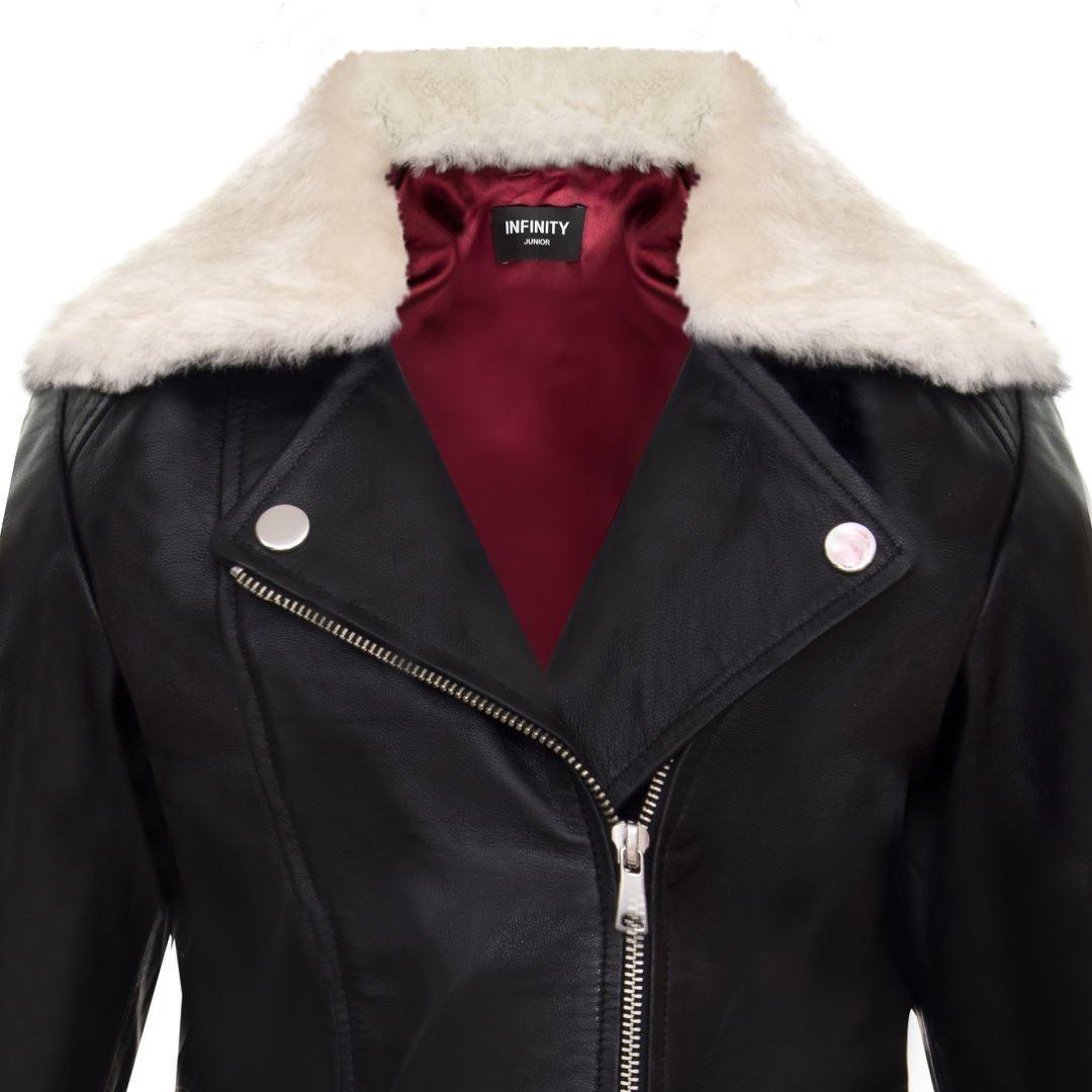 Girls Kids Real leather Biker Style Jacket Cross Zip Black Fur Collar Age 1 - 13 - Knighthood Store