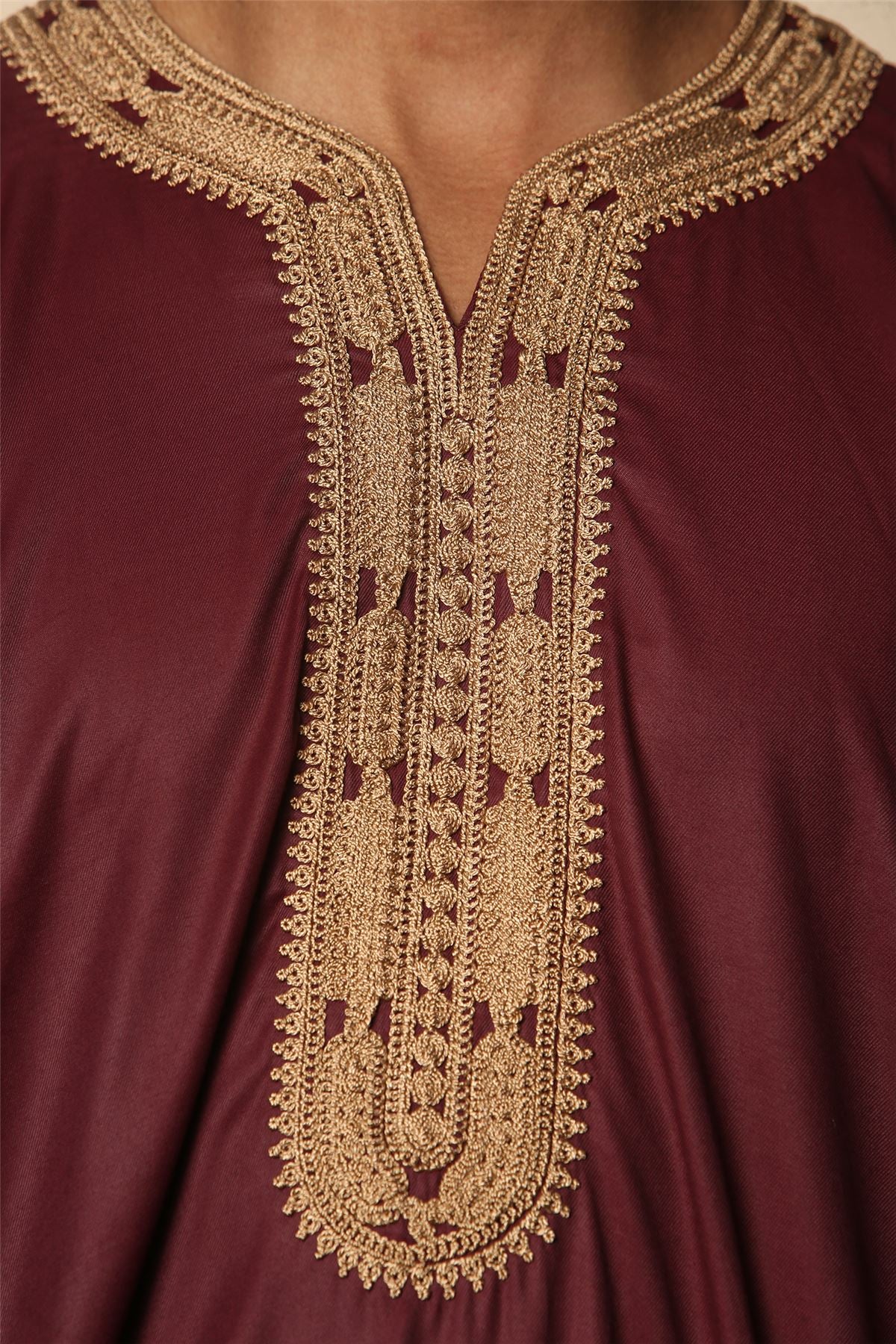 Men's Marron Moroccan Thobe Short Sleeve Gandoura Gold Embroidery Kaftan