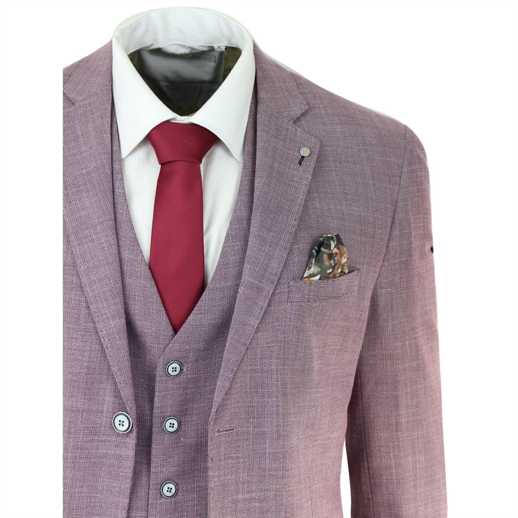 Mens 3 Piece Suit Blush Pink Summer Linen Tailored Fit Wedding Prom Classic - Knighthood Store