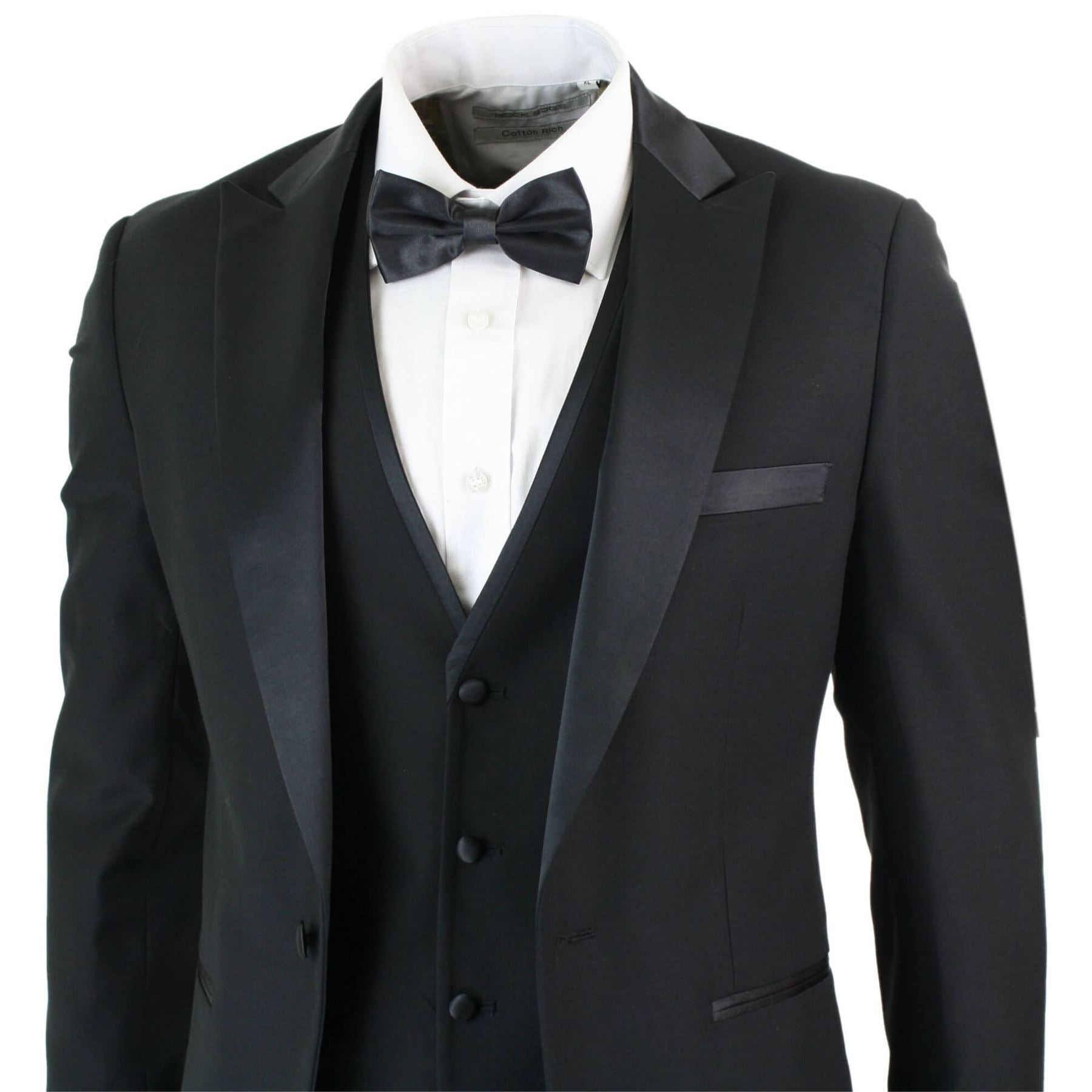 Mens 3 Piece Black Classic Satin Tuxedo Dinner Suit Tailored Fit Wedding Prom