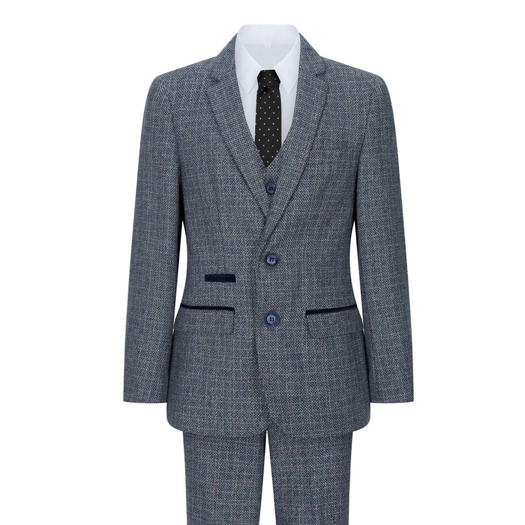 Boys 3 Piece Suit Navy Blue Tweed Check Vintage Retro Tailored Fit 1920s - Knighthood Store