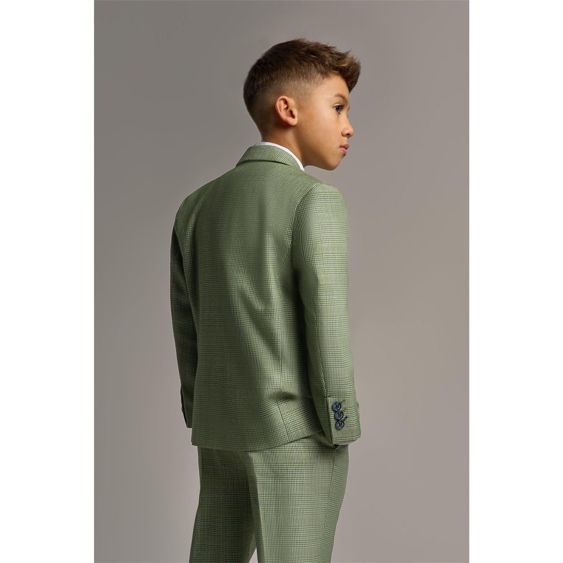 Boys 3 Piece Sage Green Check Suit Tweed Tailored Fit Wedding